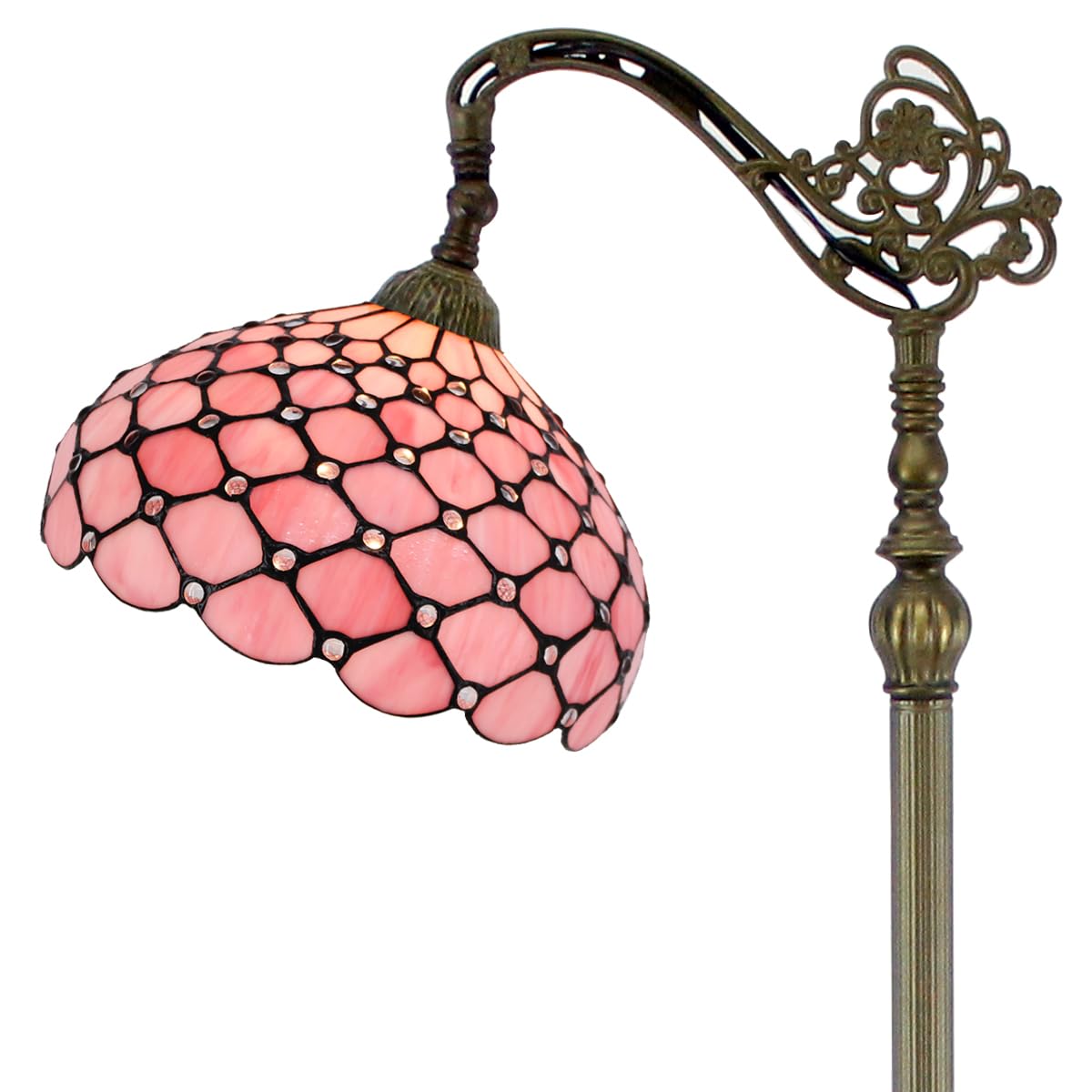 WERFACTORY Tiffany Floor Lamp Pink Stained Glass Pearl Bead Arched Lamp 12X18X64 Inches Gooseneck Adjustable Corner Standing Rea