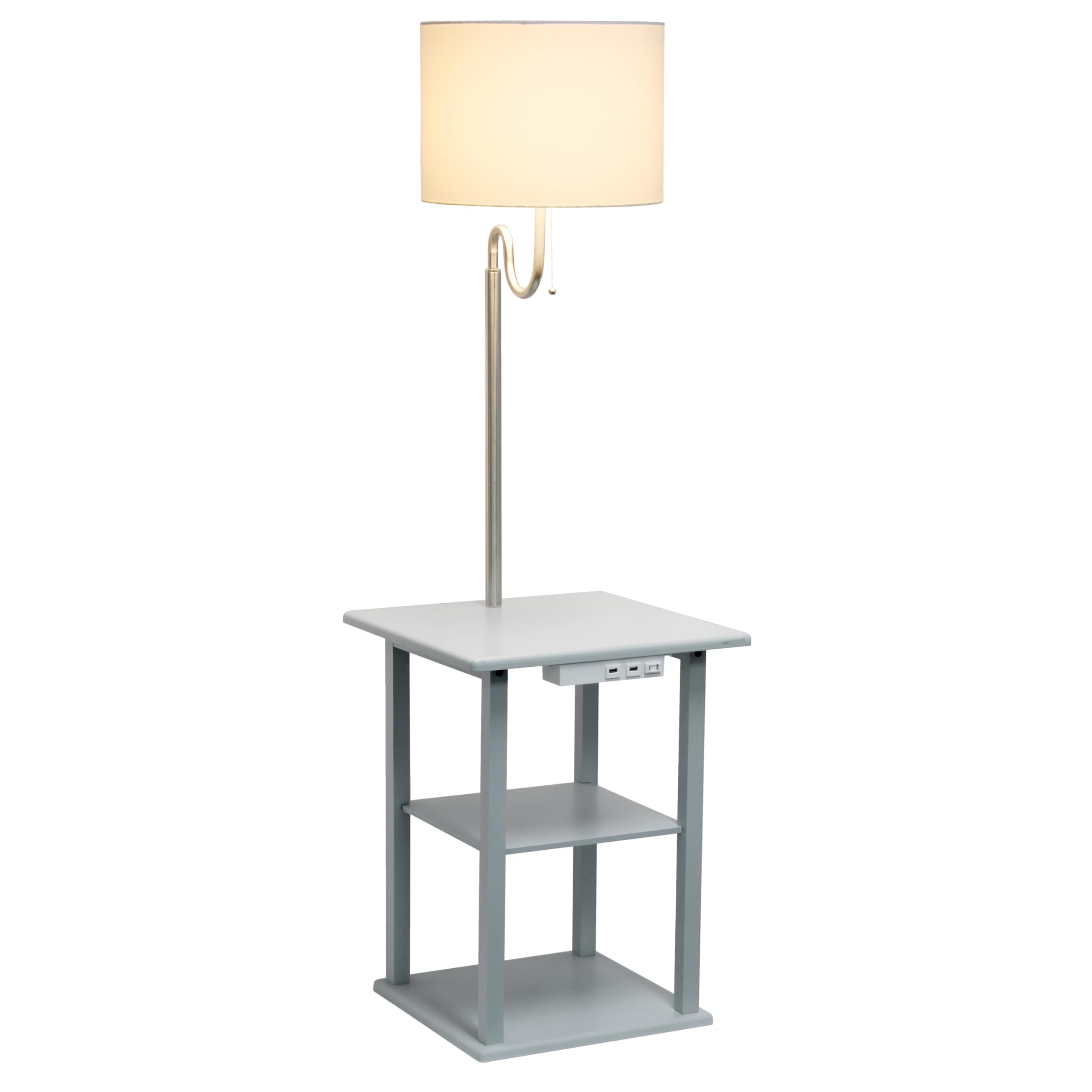 Simple Designs 57'' Modern 2 Tier End Table Floor Lamp Combination with 2 x USB Charging Ports & Power Outlet with White Drum Fabric Shade for Bedroom  Living Room  Office  Dorm  Dining Room  Gray