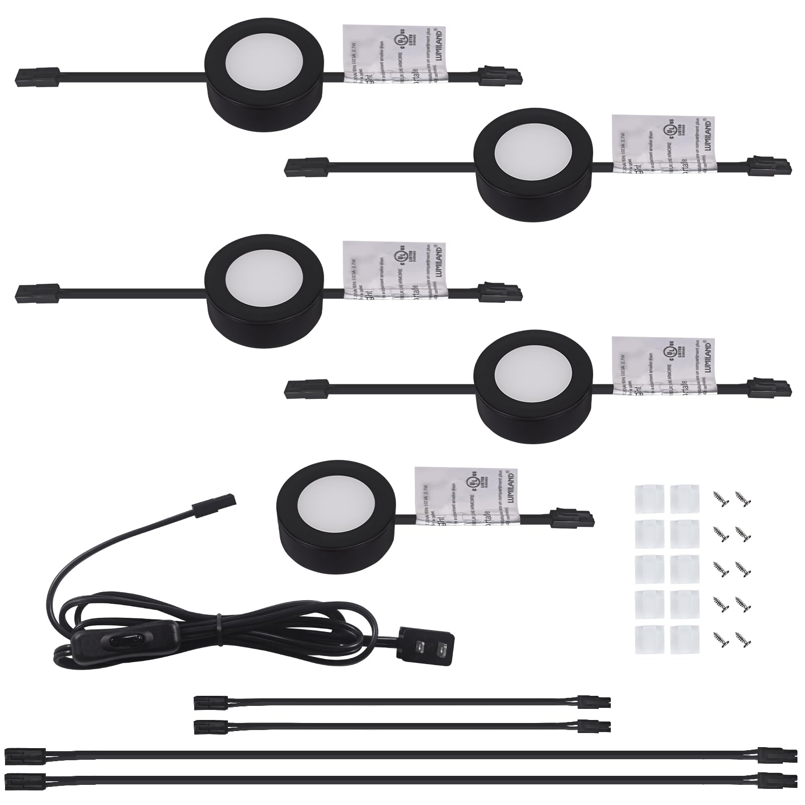 Lumiland Wired Led Puck Lights (2.7Wx5) Plug-In Lighting Natural White (4000K)  Led Cabinet Light For Kitchen Can Be Surface Mount Or Recess Mount  Black