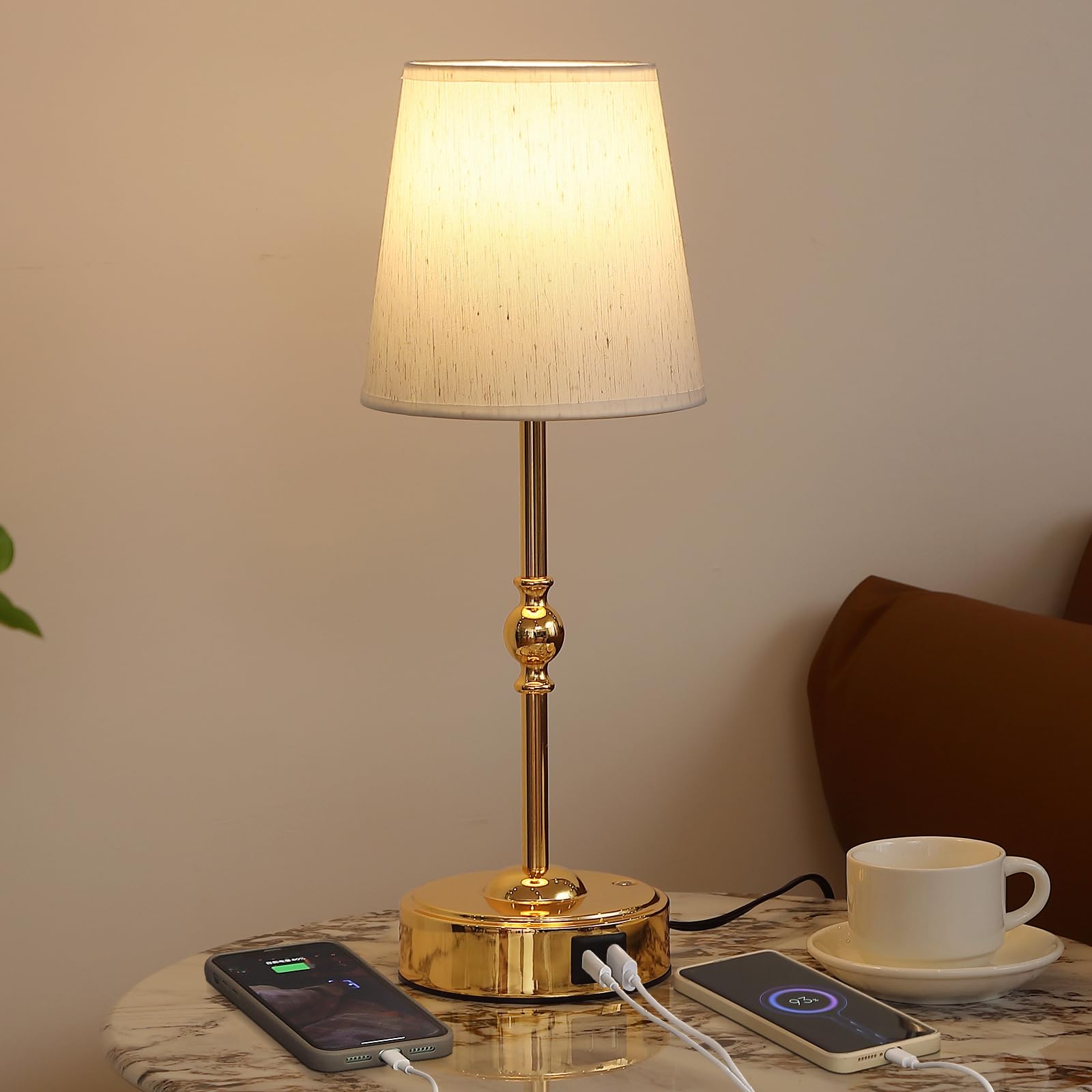 MEIXISUE Bedside Table Lamp for Bedroom with 2 USB Charging Ports Minimalist Modern Small Gold Nightstand Lamp 3-Way Dimmable To