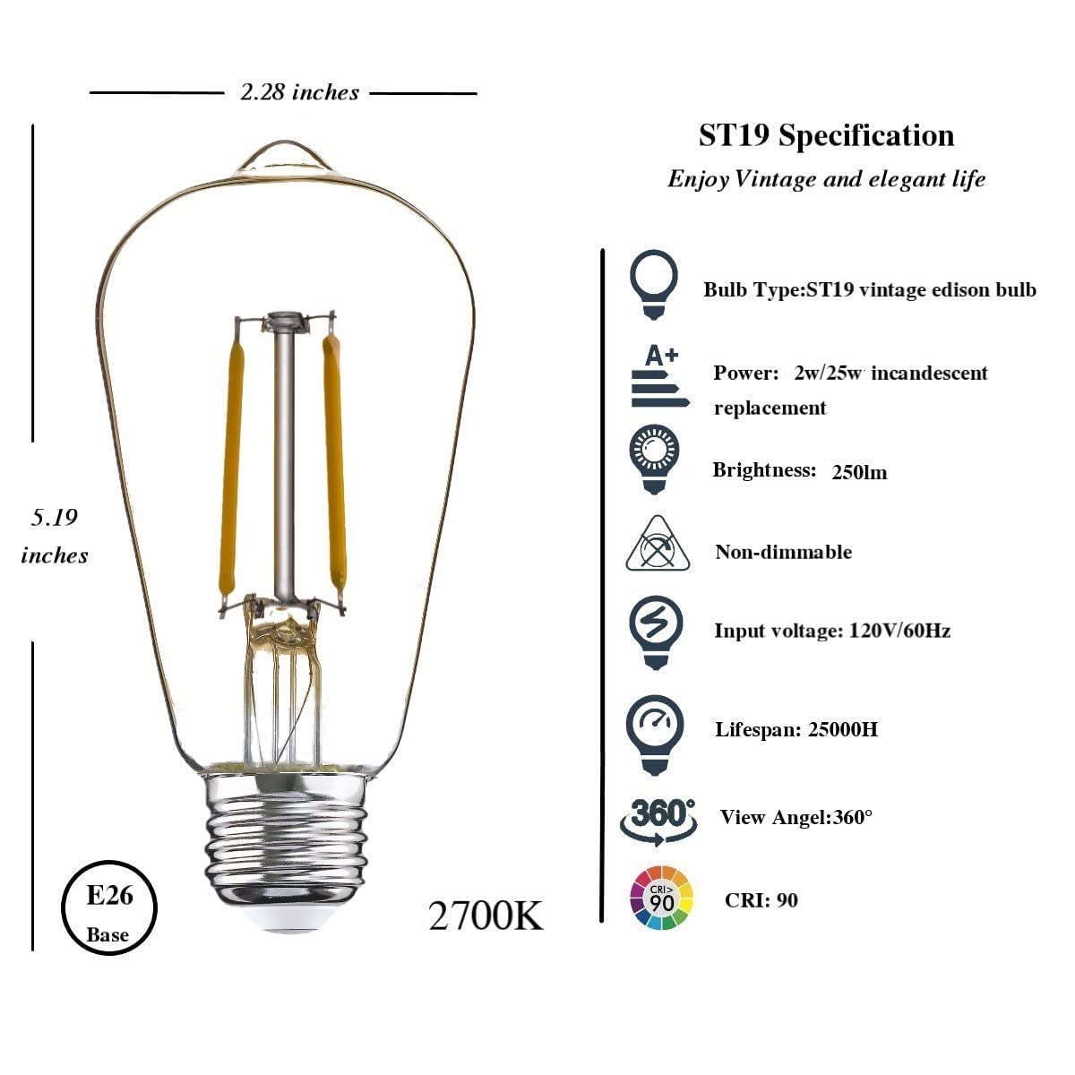 Winsaled 12 Pack 2W Led Edison Bulbs, 25 Watt Light Bulbs Equiv, 2700K Soft Warm With E26 Standard Base, Led St19 Low Watt Light