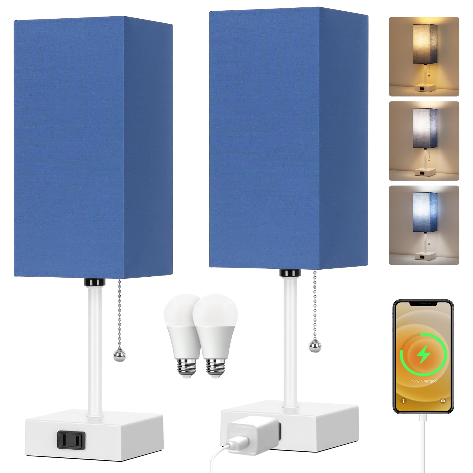 Dott Arts Table Lamp Set of 2, 15inch Metal 3-Color Bedside Lamps with Pull Chain, White-Blue, Model PTL6W-012
