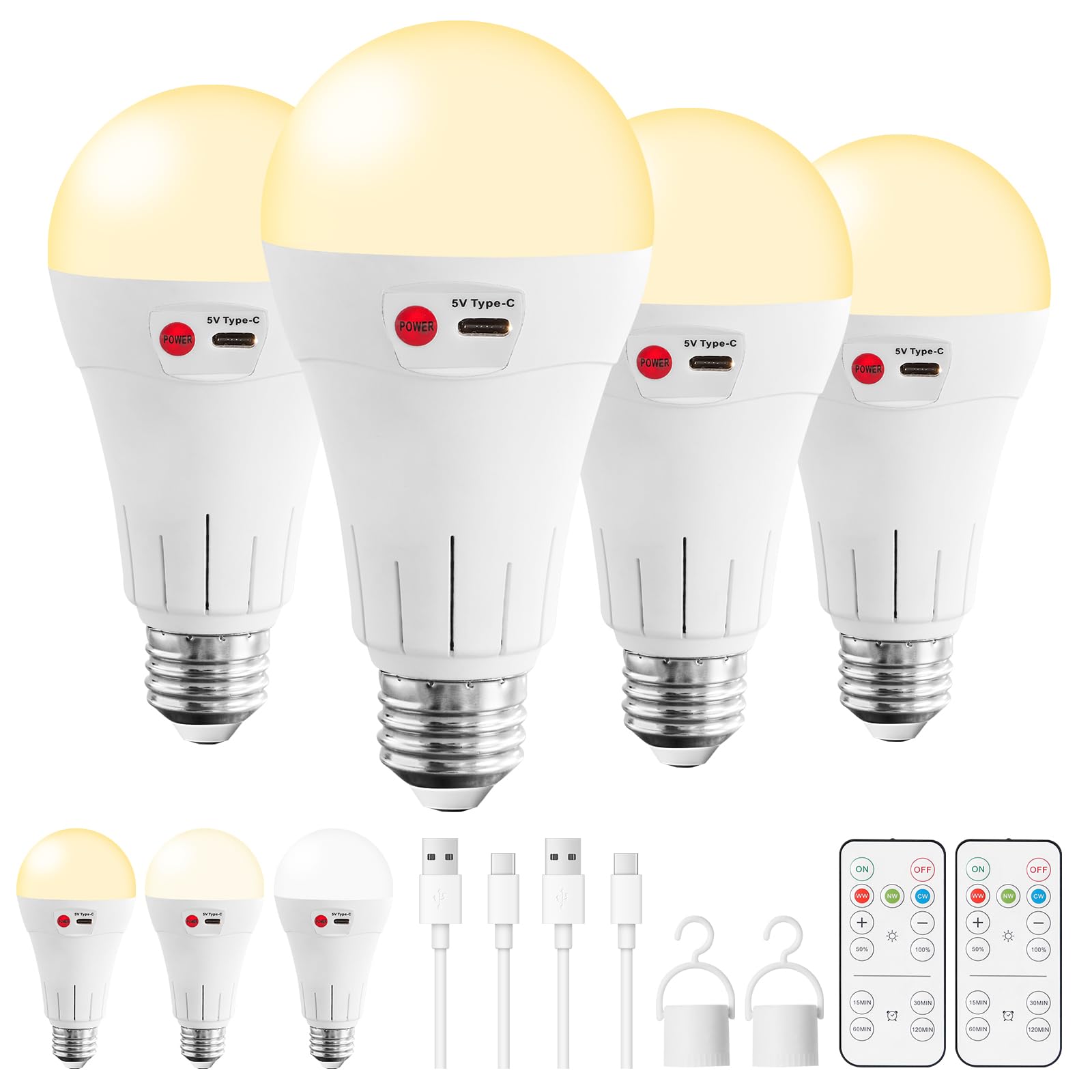 Vitnucrol 4 Pack Rechargeable Light Bulbs With Remote, E26 Wireless Battery Operated Light Bulb For Lamps, 2600Mah Dimmable Time
