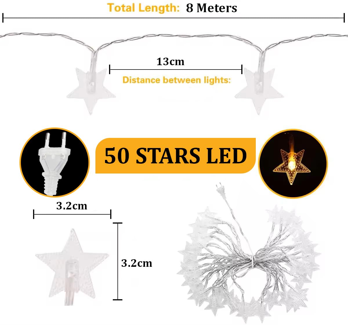 fizzytech Star String Lights for Indoor Outdoor Diwali Light for Decoration (Warm White, 6 Meter 40 LED)