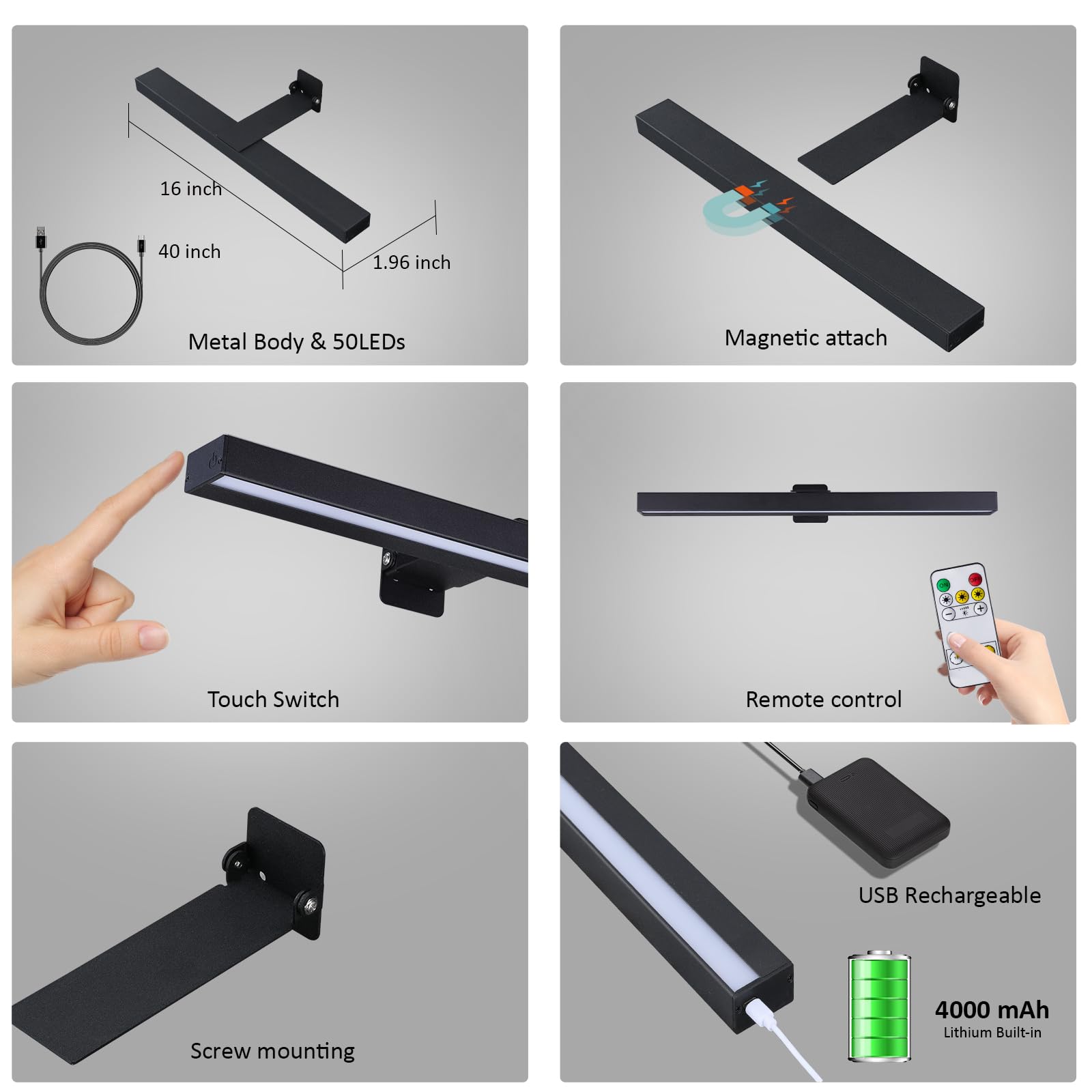 Vigmoj Wireless Led Picture Light 16In With Remote,Dimmable And Timer Picture Lights For Paintings,Metal Rechargeable Art Light