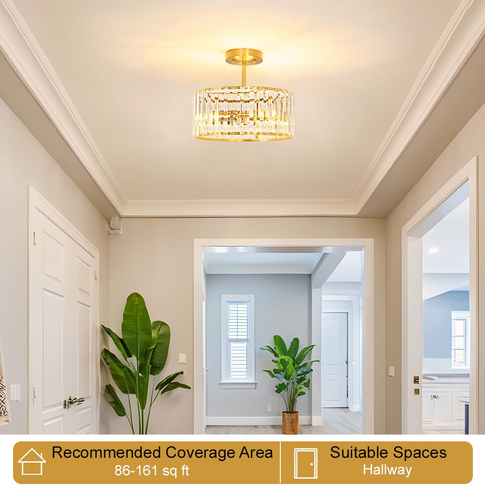 Lxybcce Modern Crystal Ceiling Light  Brushed Gold Semi Flush Mount Ceiling Lighting Fixture  Brass Hallway Light Fixtures Chandelier For Kitchen  Bedroom Dining Room Hallway Closet  3-Light  12 Inch