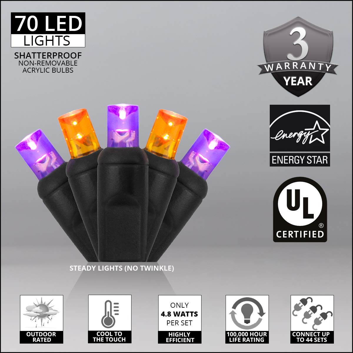 Wintergreen Lighting LED Mini Light Set, 70 Lights, 24 ft, Purple/Orange, Indoor/Outdoor, Black Wire, UL Certified, Model IOS-2-35-2
