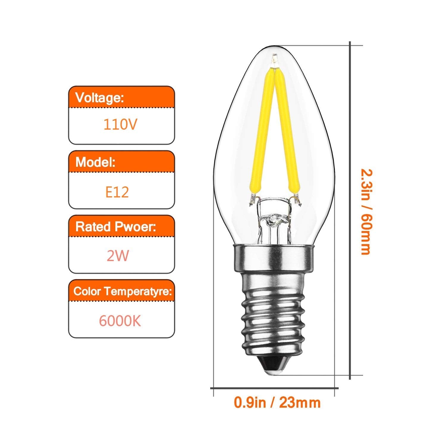 Lxcom Lighting E12 C7 Led Filament 2W Night Light Bulbs 20W Replacement Vintage E12 Base Candle Bulbs Clear Daylight White 6000K
