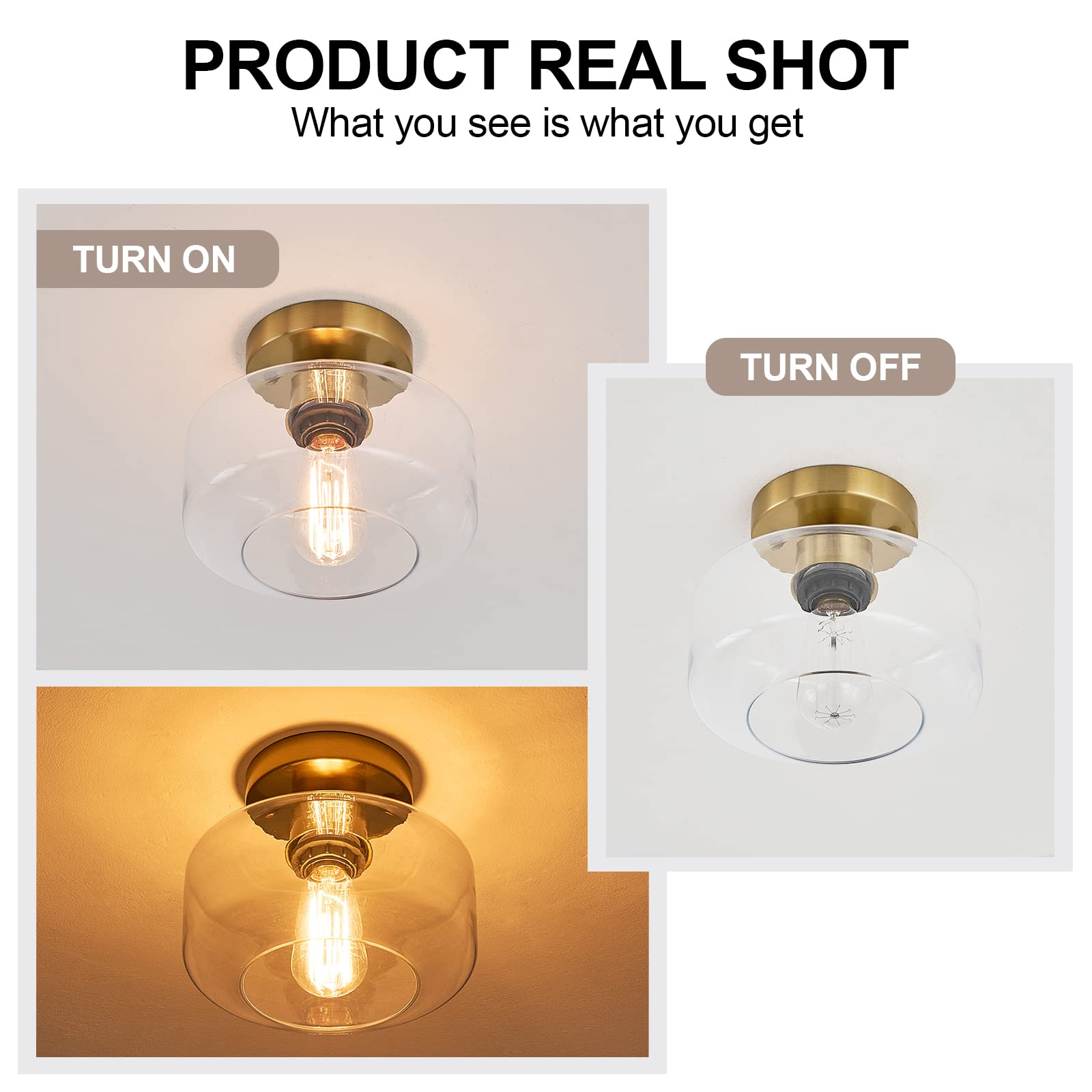 Bisamiya Modern Gold Ceiling Light Fixture, Brass Finish Semi Flush Mount Ceiling Light With 8.66" Clear Glass Shade For Kitchen, Hallway, Entryway, Bedroom, Cafe