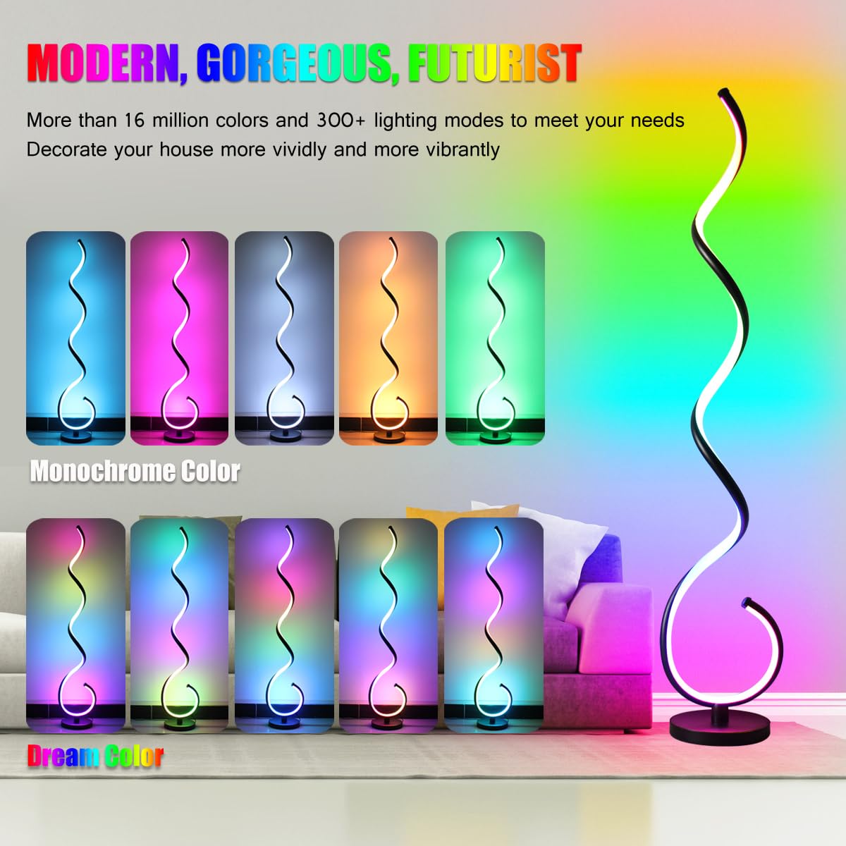 LENIVER RGB Spiral Floor Lamp - Smart Dimmable Corner Light, Black RGB, Remote APP Control, Model LNV-FL09-1-RGB