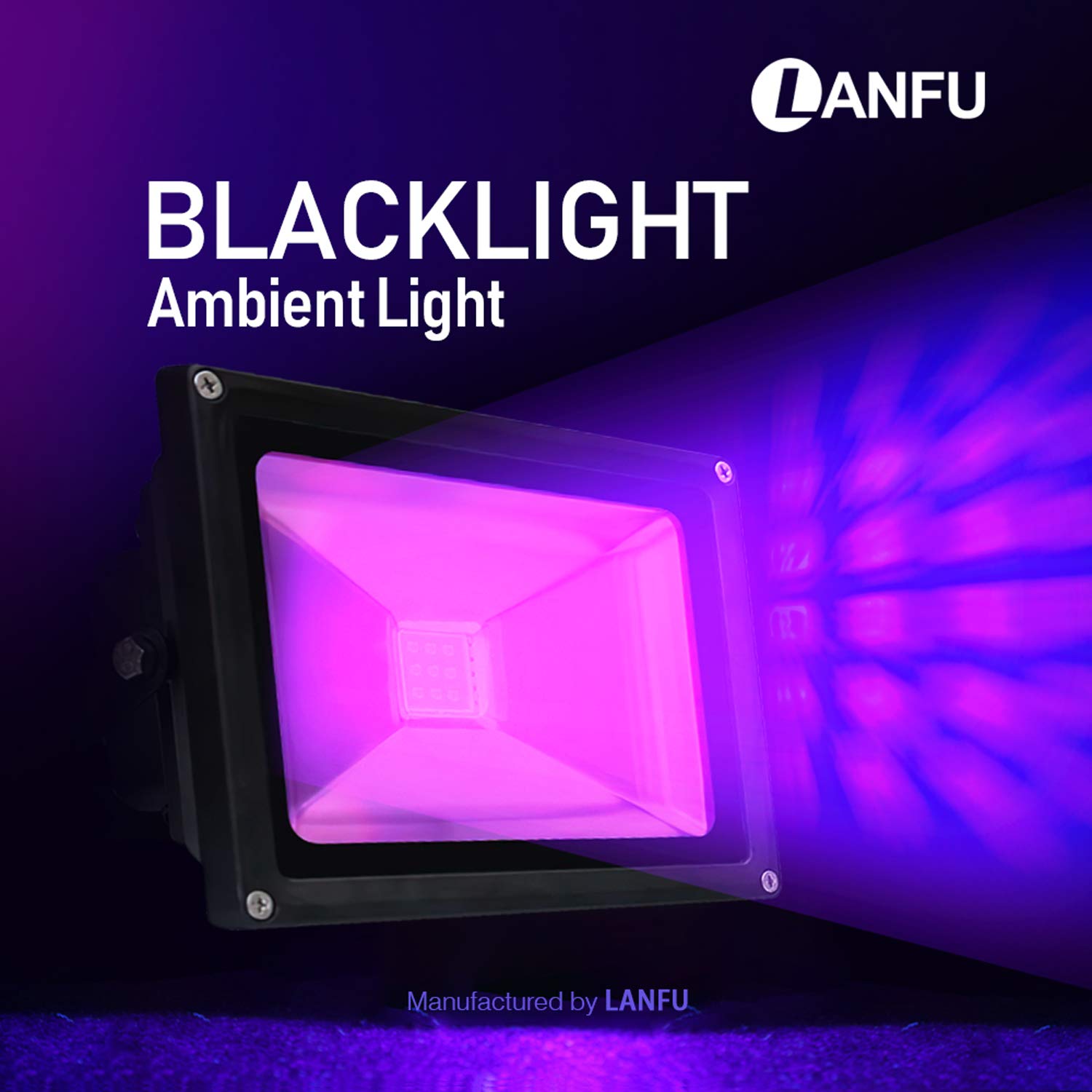 LANFU LED Black Light Flood Light, 10W, IP65, 2 Pack, Black, for Parties, Neon Glow, Aquarium, Night Clubs