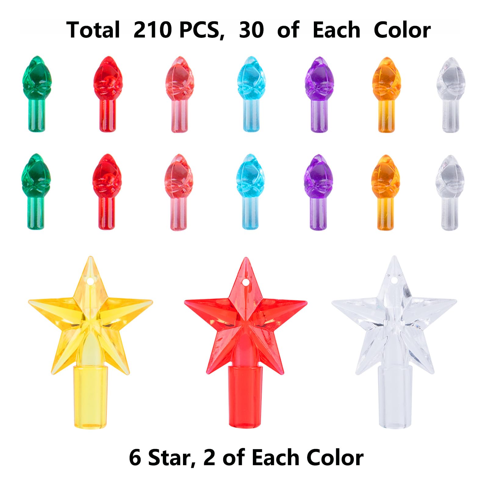TechSense Ceramic Christmas Tree Replacement Light Bulbs, Multicolor, Medium, Plastic, 120Pcs + 3 Stars, Model TS-CTR