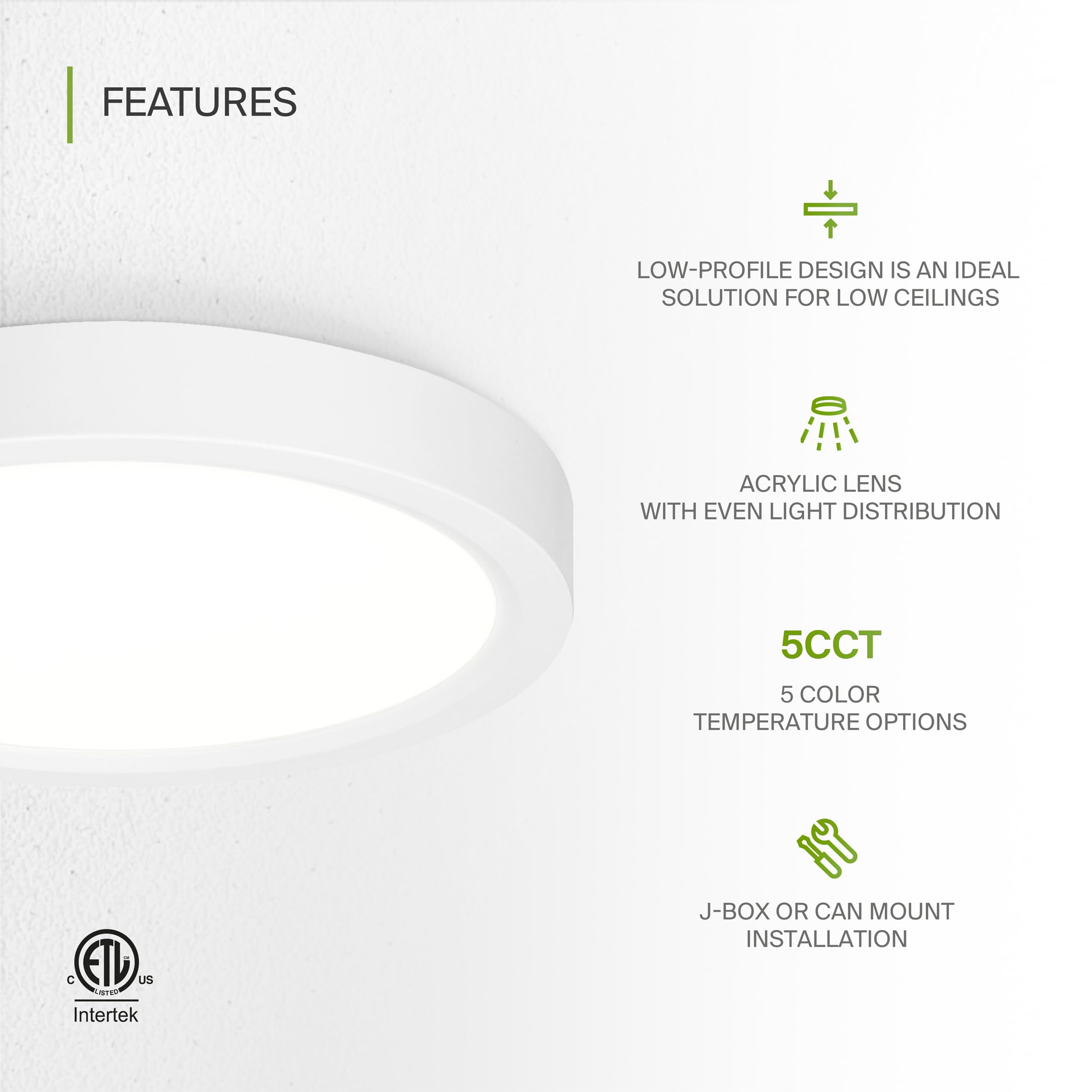 ASD LED Flush Mount Ceiling Light Fixture, Dimmable, Ultra-Thin, 5CCT, 10W, 700LM, 5in Round, White, 6 Pack,