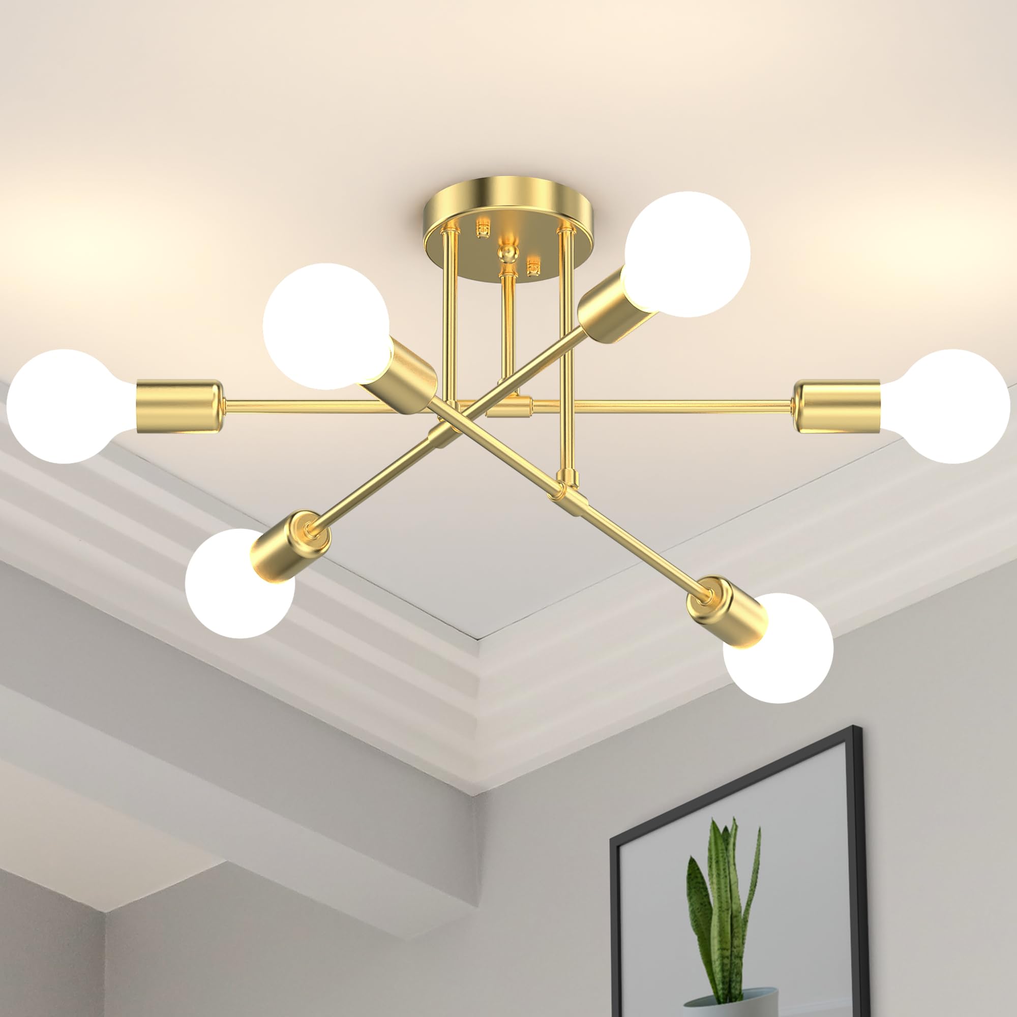 Phaosio Modern Sputnik Chandelier Ceiling Light Fixtures, 6-Lights 22    Mid Century Industrial Metal Semi Flush Mount For Dinin