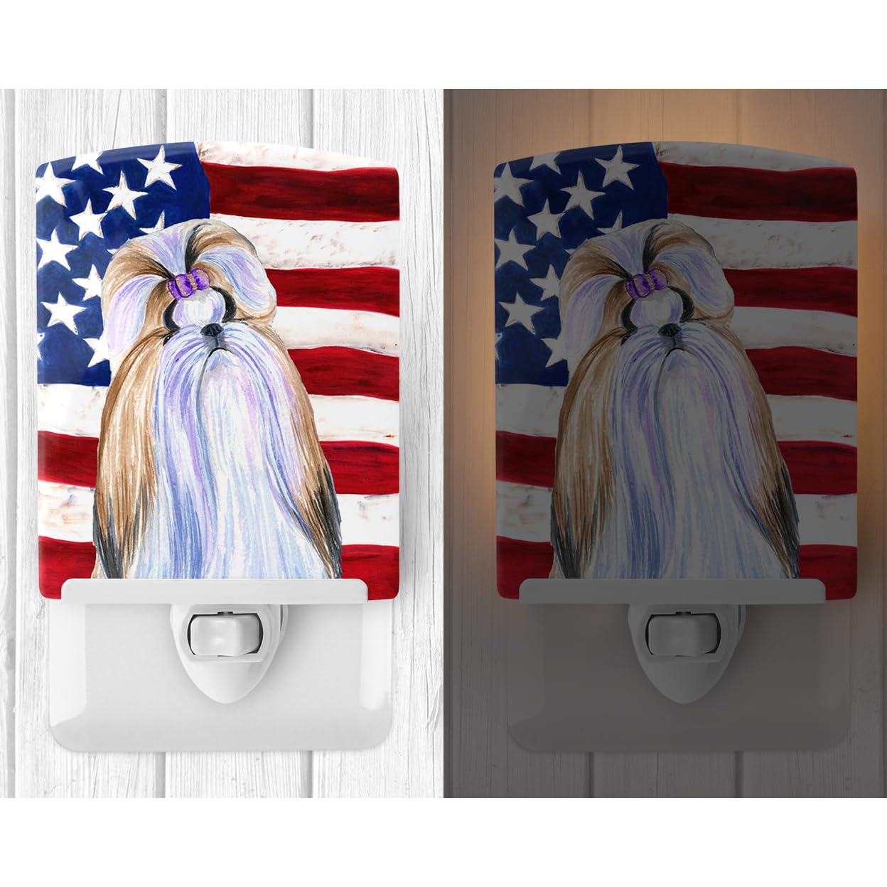 Carolines Treasures Ceramic Night Light, USA American Flag, Shih Tzu Design, 6x4x3 inches, UL-Certified, Multicolor, Model SS4221CNL