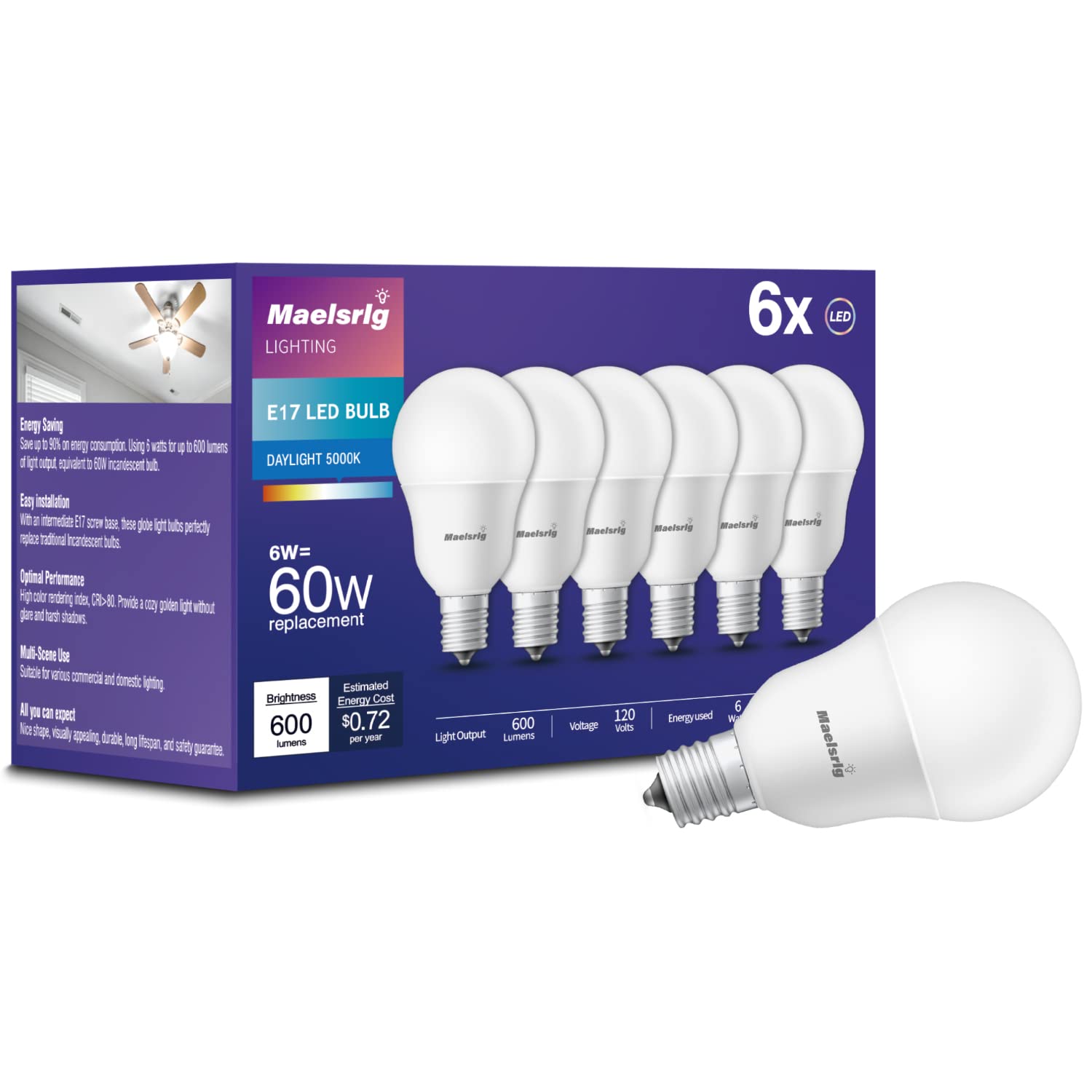 Maelsrlg E17 LED Bulb, 6W (60W Equivalent), Daylight White 5000K, G14 Globe, 600 Lumens, Non-Dimmable, Pack