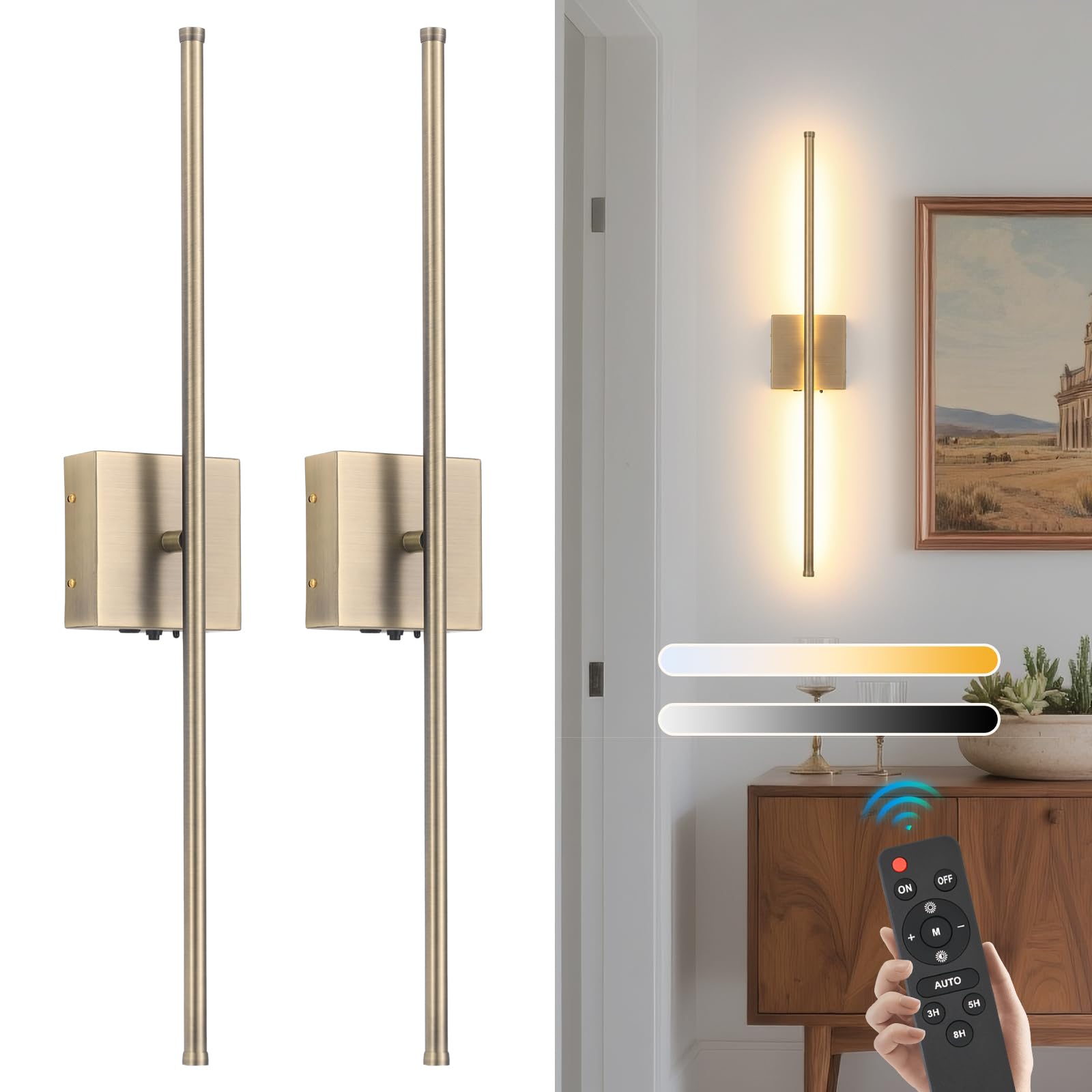 Battery Operated Wall Sconces set of 2, 11000mAh Rechargeable Brushed Bronze Wireless Wall Lights, 350Rotate Dimmable Wall Lamp 