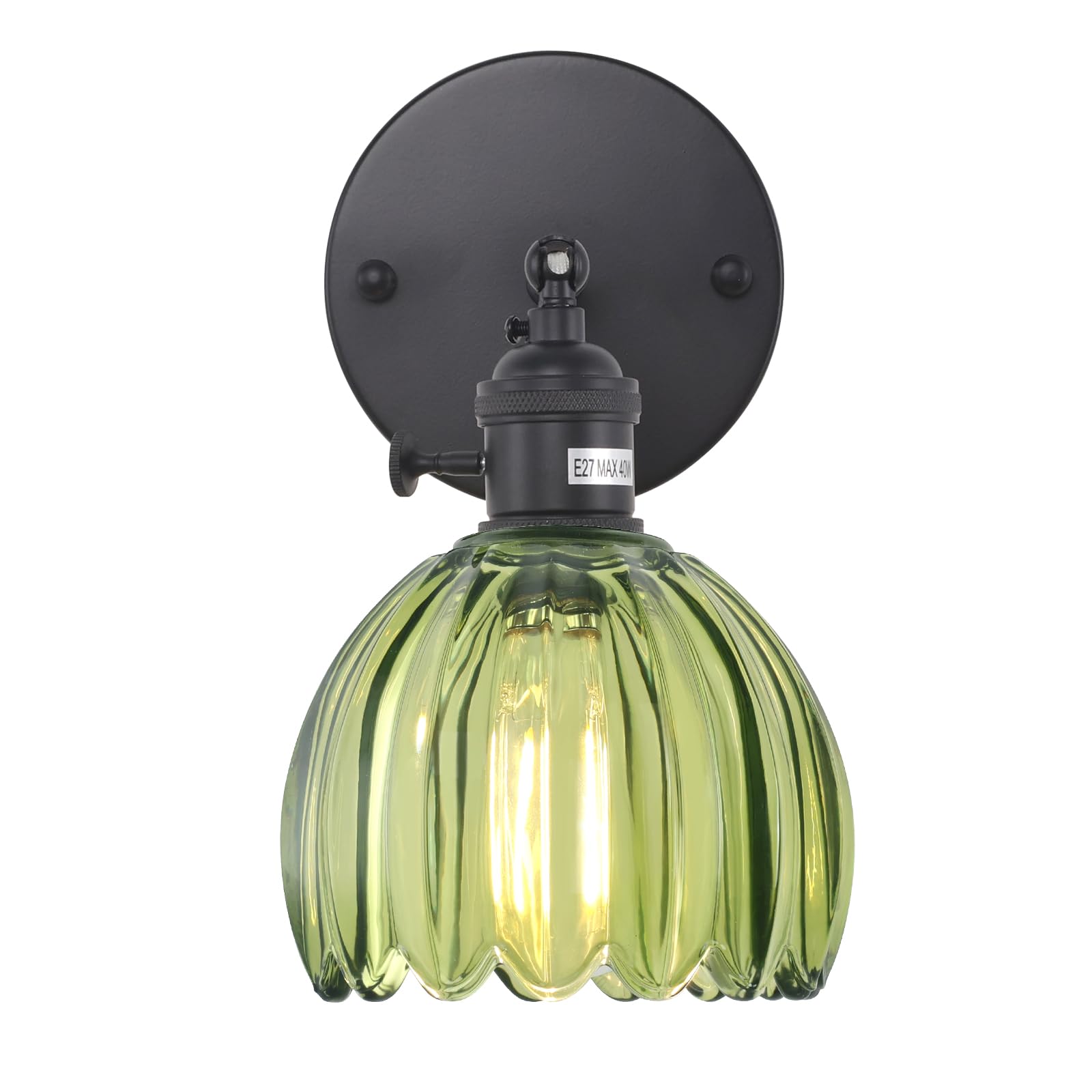 Shenmoyl Vintage Wall Sconce - Green Tulip Glass Lampshade, 180° Adjustable, Hardwired, Black Base, 1 Light, Model 1-9412
