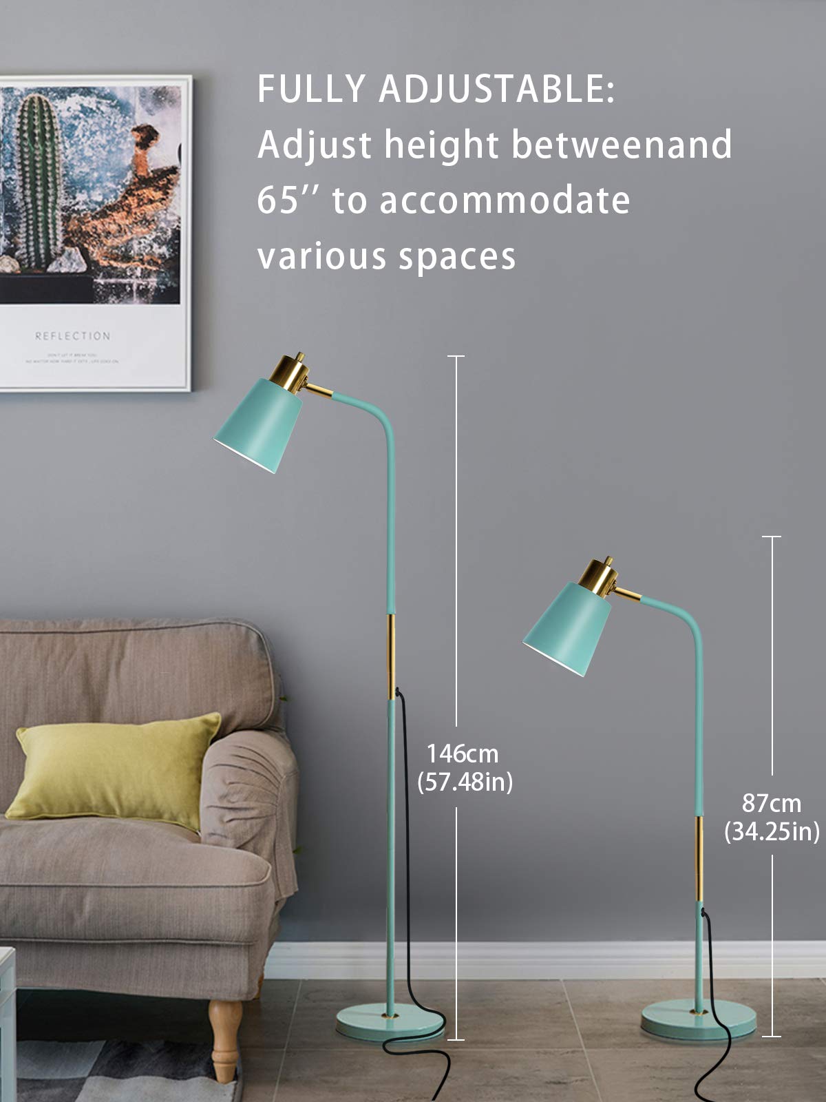 LALISU Industrial Floor Lamp - Adjustable Metal Heads, Green, Rustic Farmhouse Design for Living Room, Bedroom, Office Indoor Task Lighting