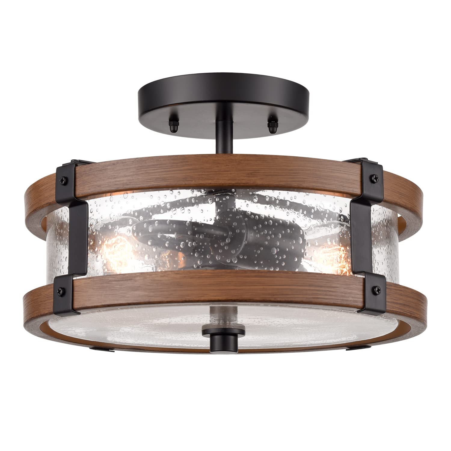 DEYNITE Farmhouse 2-Light Ceiling Light Fixture, Semi Flush Mount Ceiling Light with Seeded Glass Shade, Rustic Retro Ceiling La