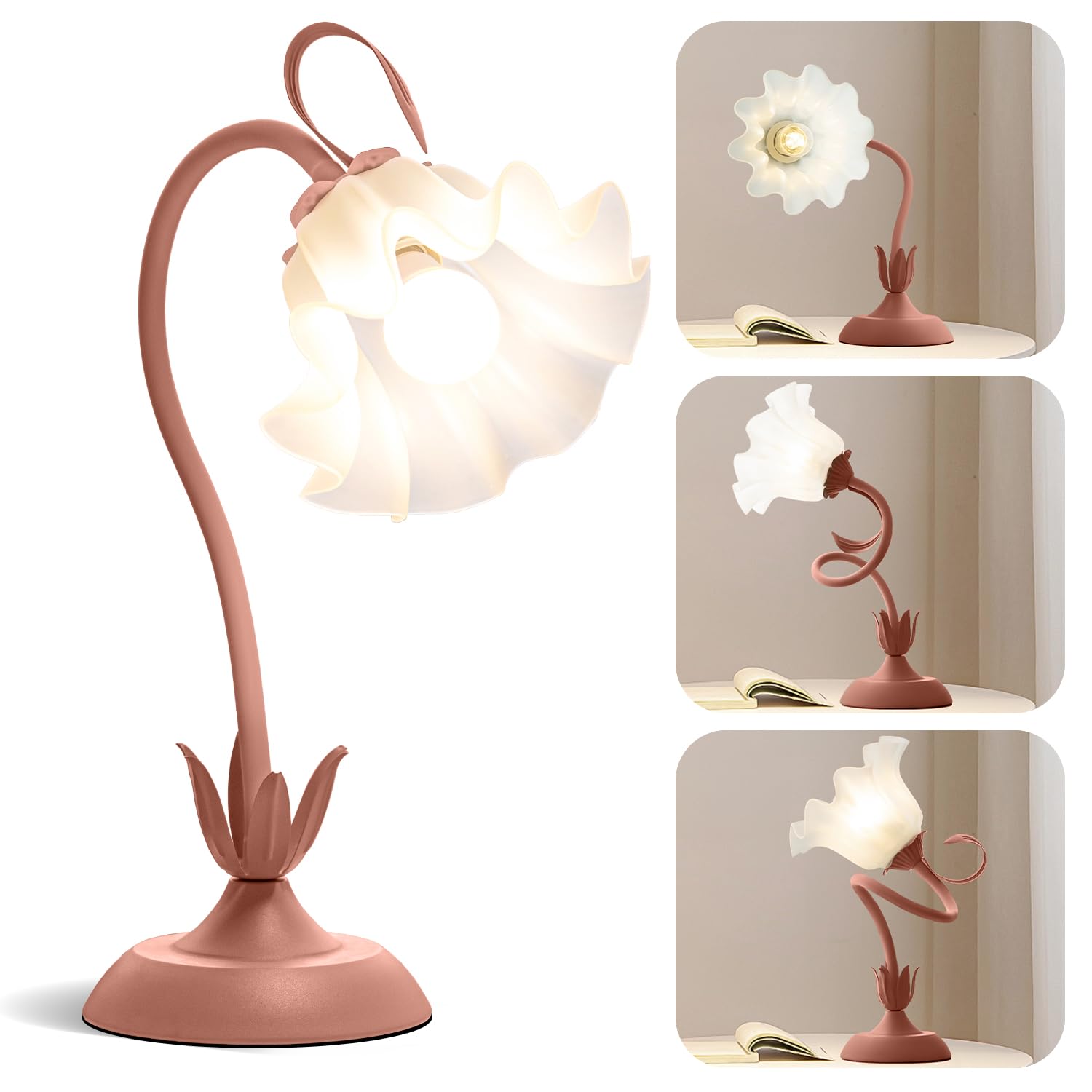 WERFOP Vintage Flower Table Lamp, LED Gooseneck Desk Lamp, Medium, Metal, Pink, Model FTL0830