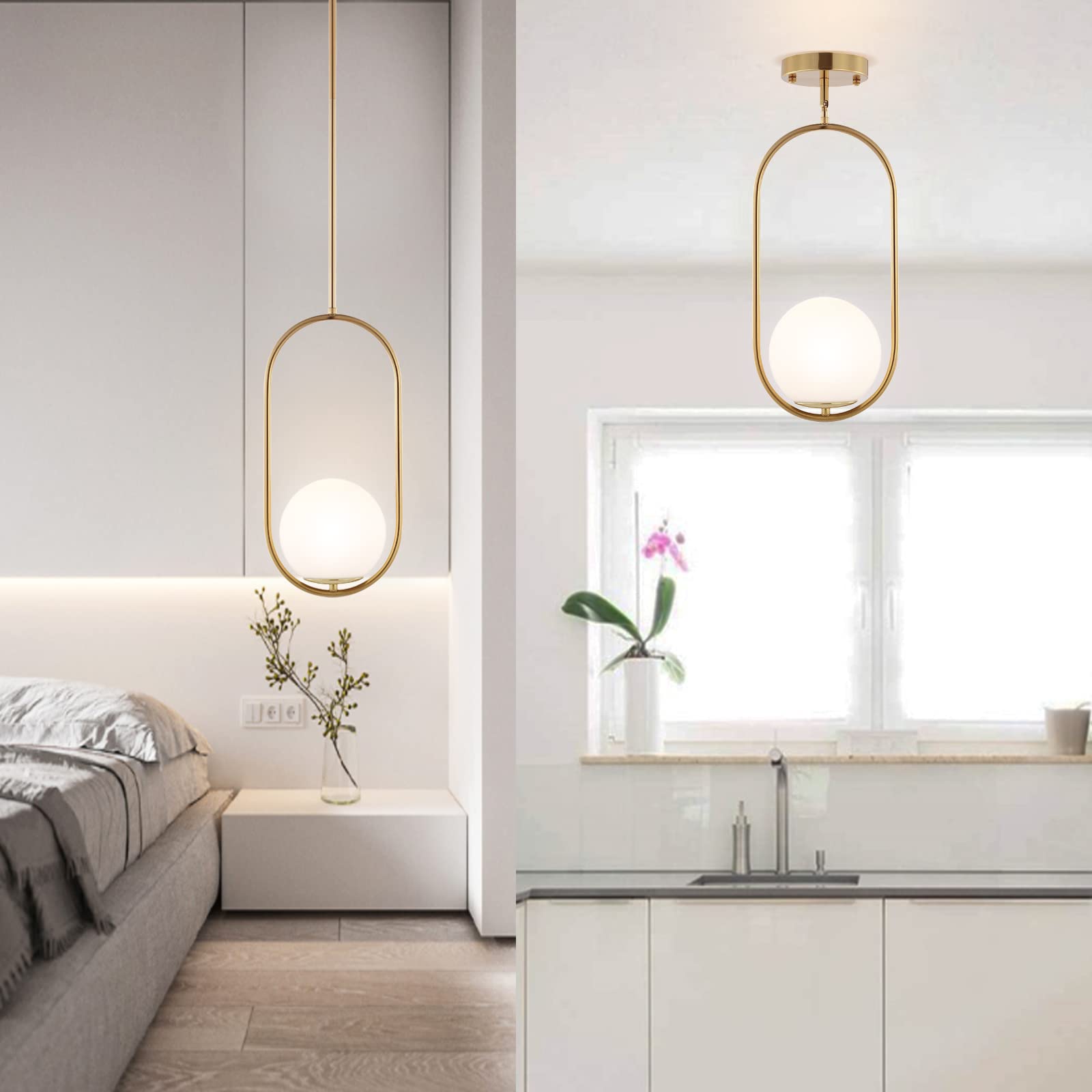 BYOLIIMA Modern Gold Globe Pendant Light, 1-Light Brushed Brass Chandelier with White Glass Shade for Kitchen Island & Dining Room