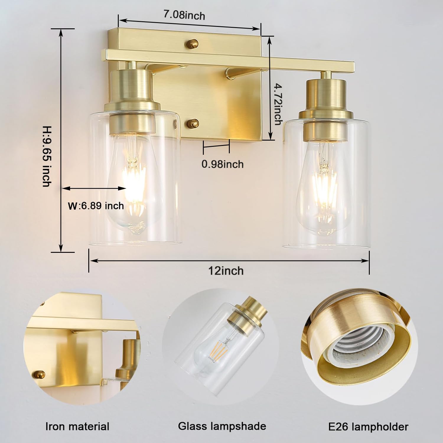 Filimitiy 2-Lights Gold Bathroom Light Fixture, Brushed Brass Vanity Light With Clear Glass Shade, Modern Bath Wall Lights For L
