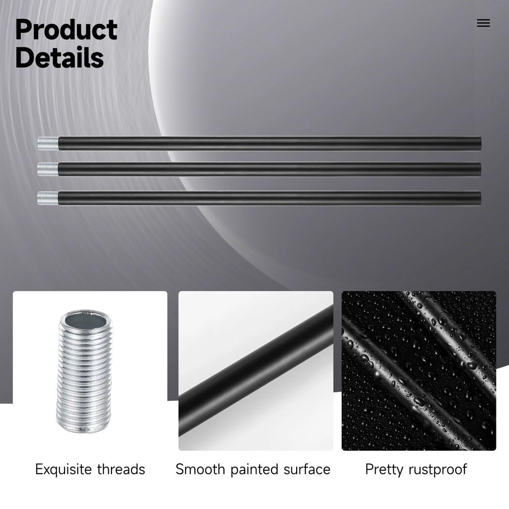 Lnrueg Threaded Extension Rods, 12-Inch Black, 10 PCS for Pendant Lights & Chandeliers
