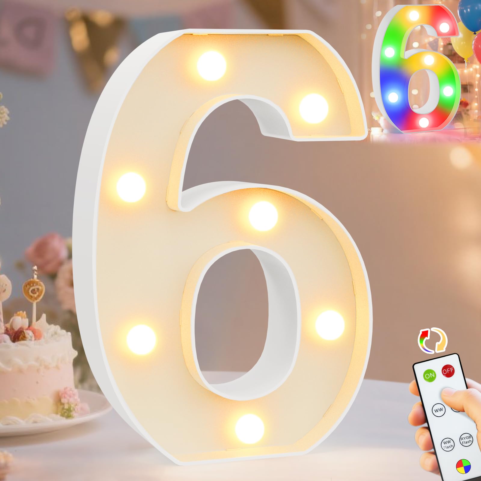 Pooqla Led Light Up Numbers 6  Warm White And Colorful Lighted Marquee Numbers With Remote  Lighted Numbers For 6Th 16Th Birthday Decorations  Gift For Girls Boys Her Him Anniversary Home Party Decor