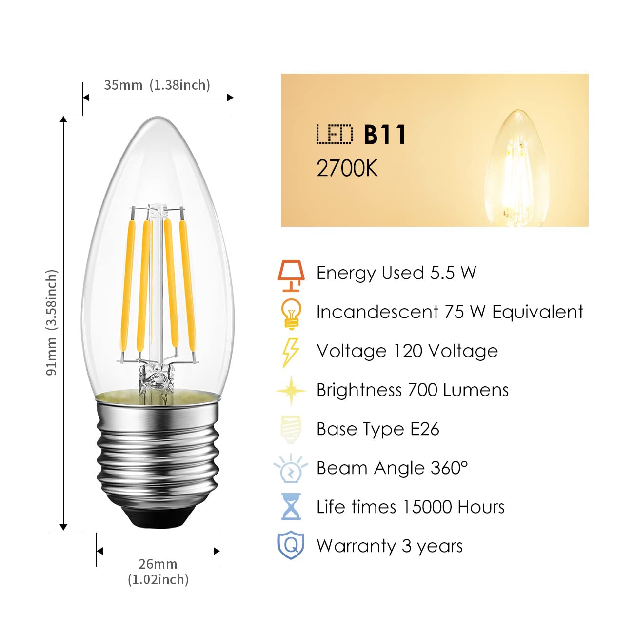 Lvwit Dimmable Led Candelabra Bulbs B11 Filament Bulb E26 Base 5.5W(75W Equivalent) 2700K Warm White Chandelier Decorative Candl