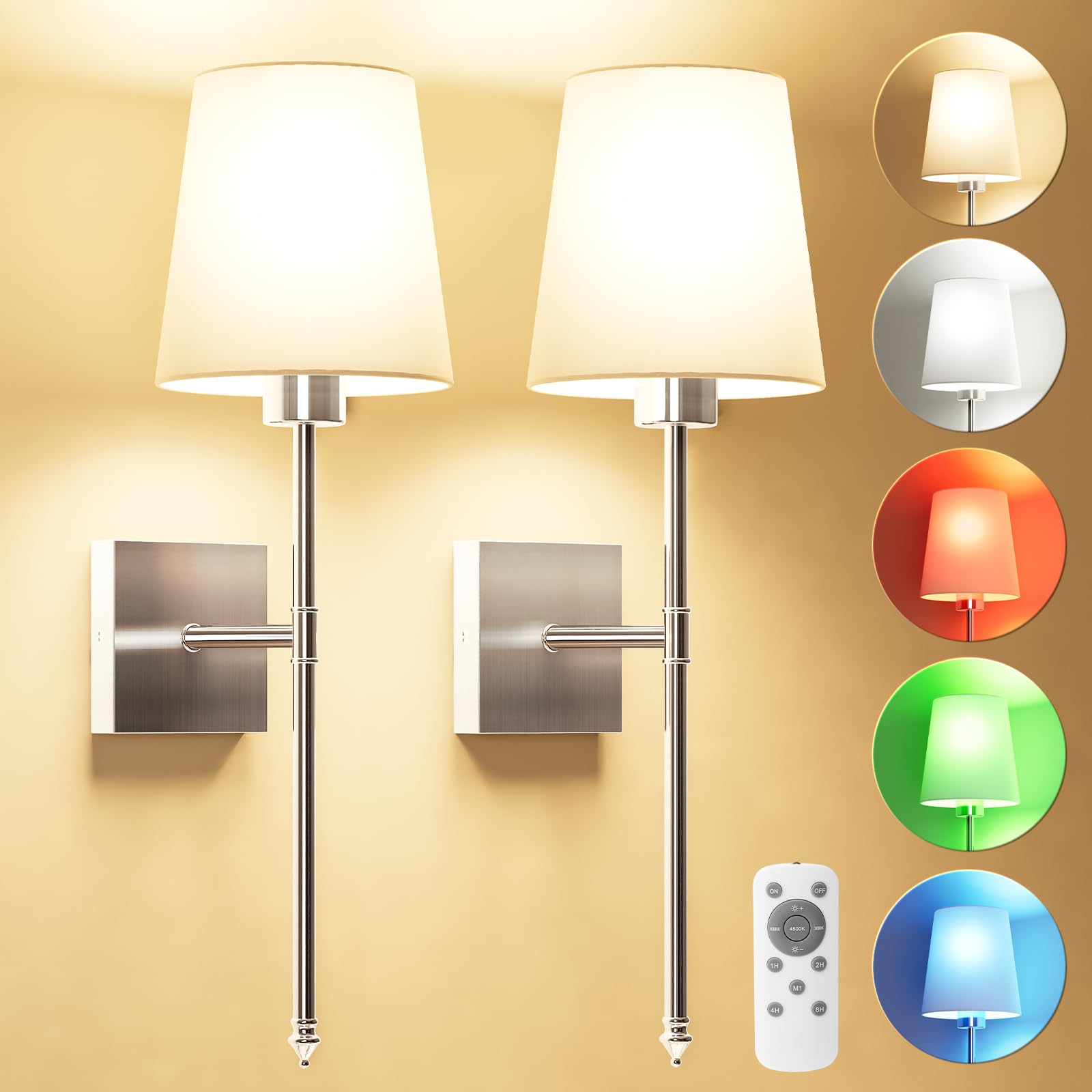 Jofios Battery Operated Wall Sconce Set Of 2, Rechargeable Wall Lights With 5200 Mah Detachable Bulbs And Fabric Shade, 7 Color
