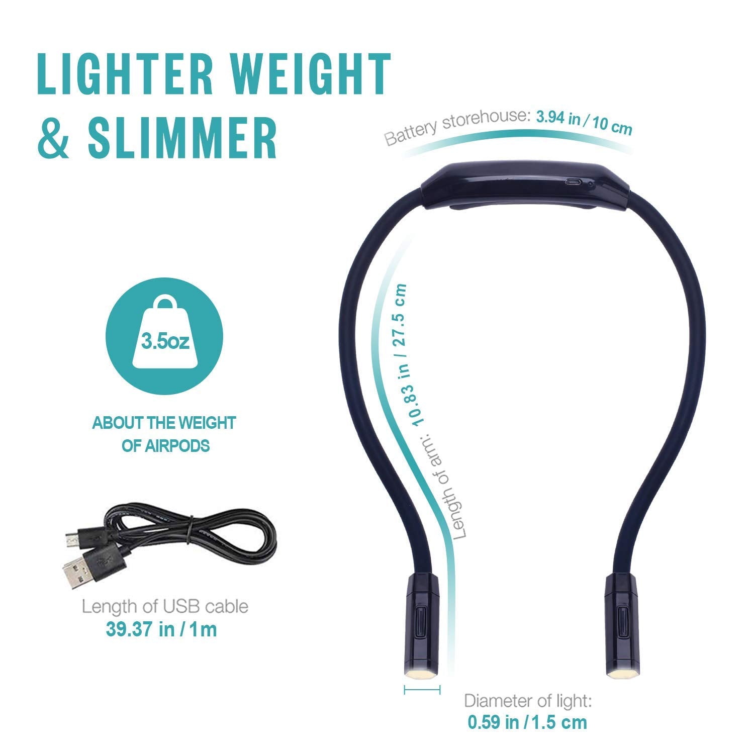 Vekkia Lightweight Neck Reading Light - Rechargeable, 9 Brightness Levels, Black, Perfect for Reading, Knitting, and Outdoor Use