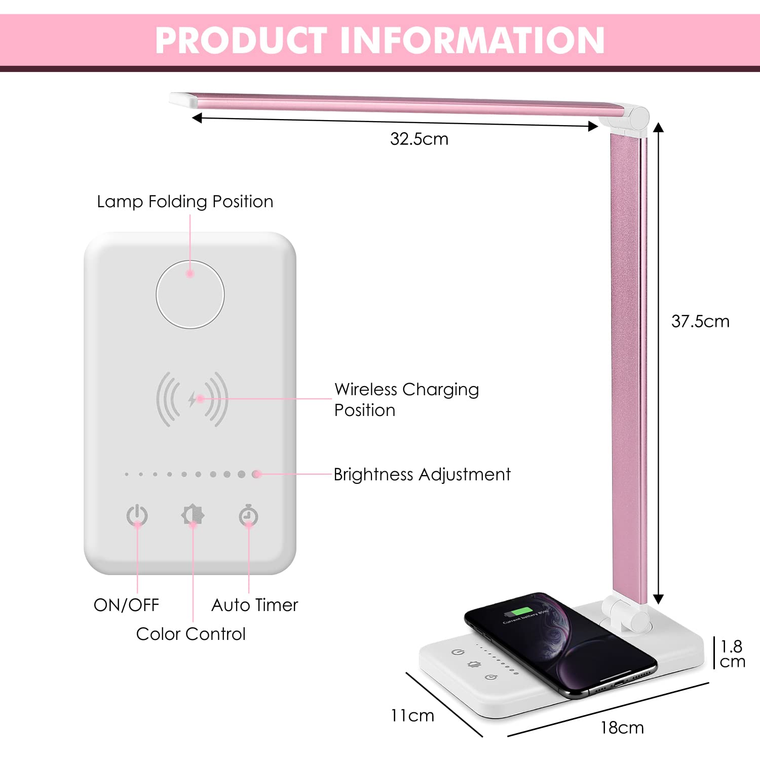 Jostic Led Desk Lamp With Wireless Charger, Usb Charging Port, Desk Lighting With 10 Brightness, 5 Color Modes, Dimmable Eye Car