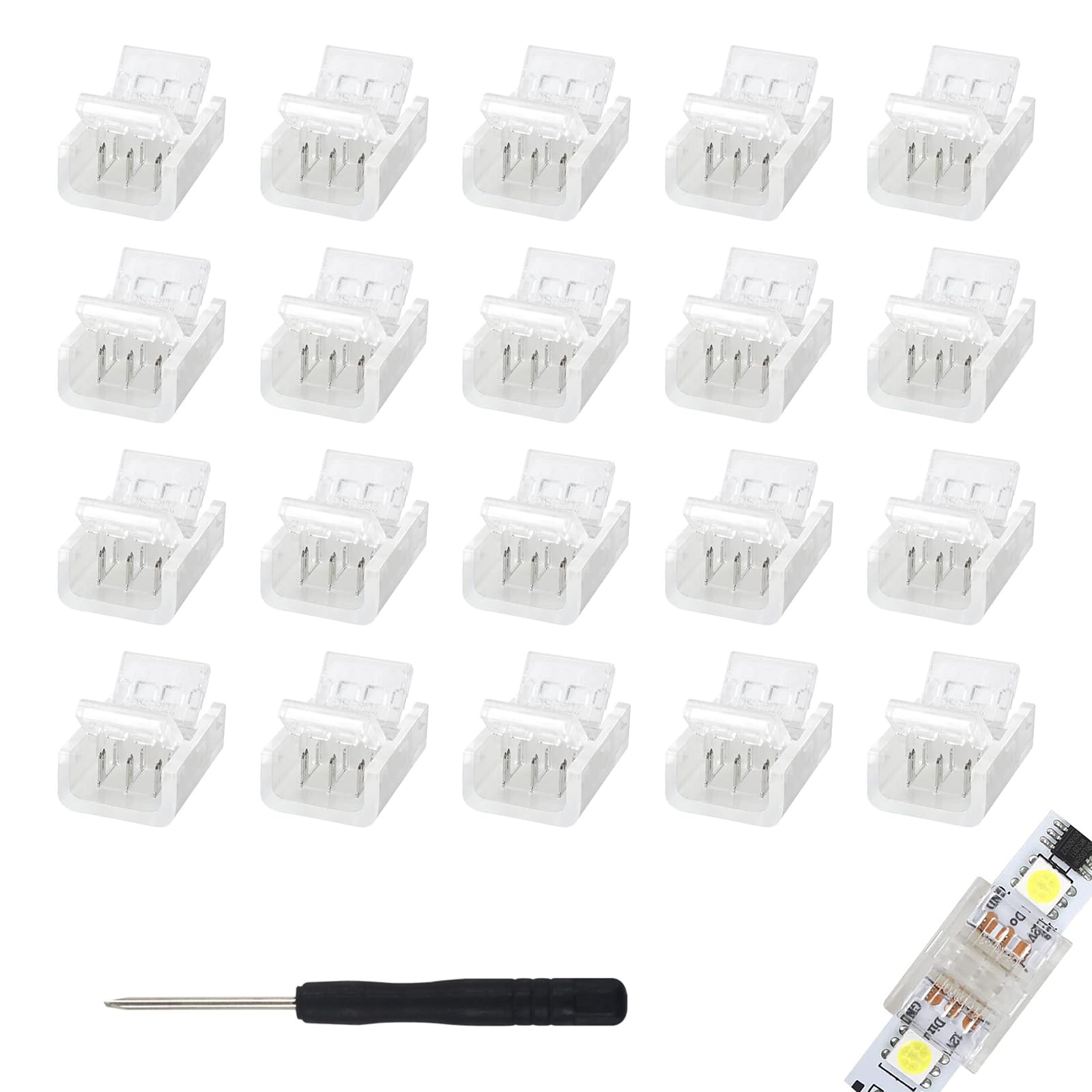 20 pcs 3 Pin 10mm LED Light Band Connectors Solderless Clear Track Lighting Connectors for 10mm Waterproof and Non-Waterproof WS2811 WS2812B LED Band Lights