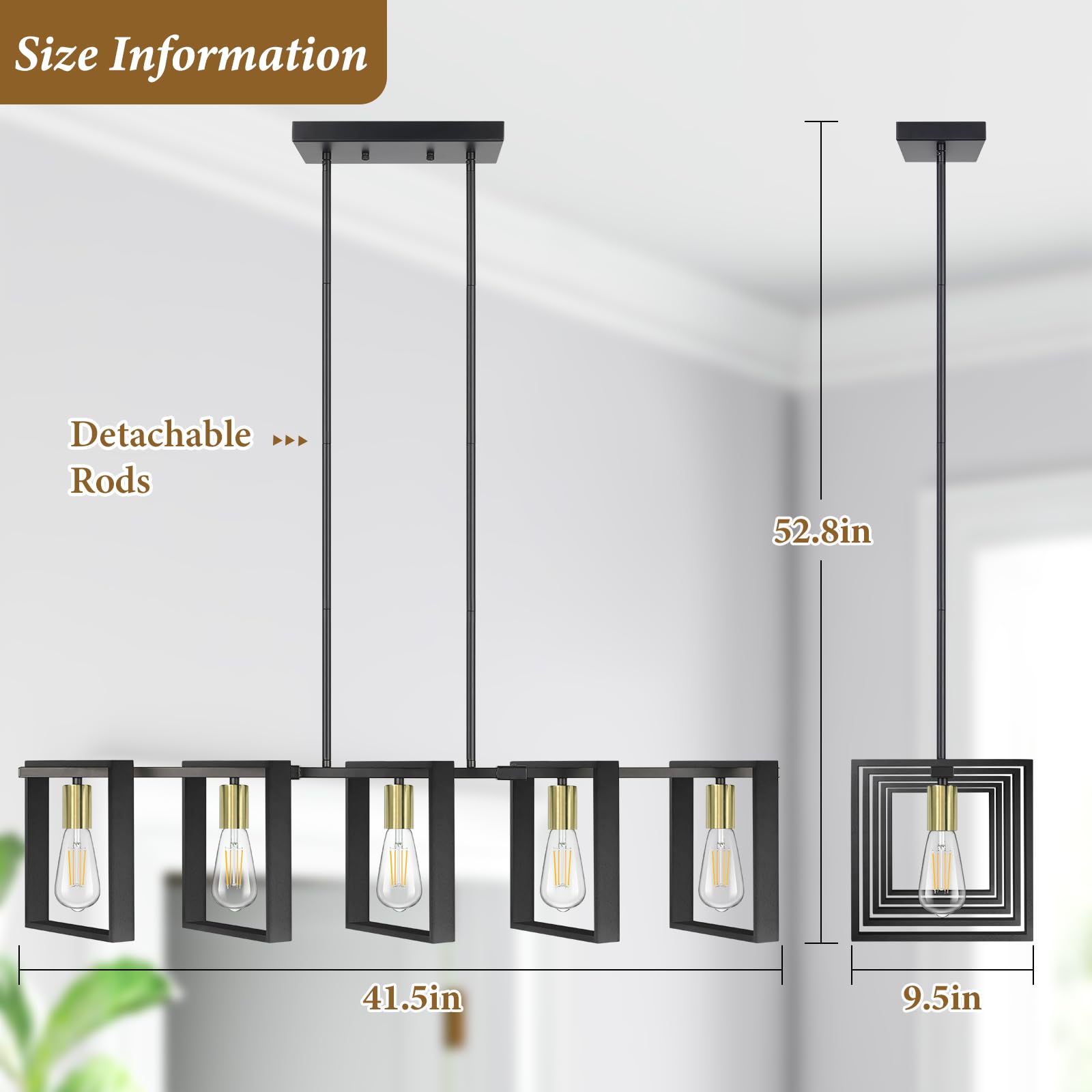 Brightever 5-Light Black Gold Dining Room Chandelier, Wood Modern Pendant Light Fixture, Model 3668-P5-GDBK