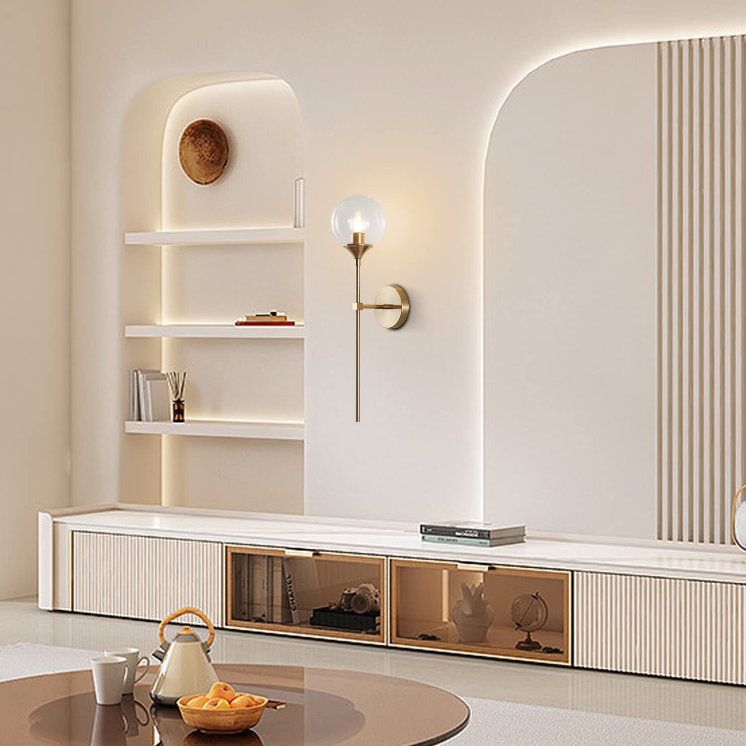 KCO Lighting Vanity Wall Sconce - Clear Bubble Glass, Brushed Brass, Modern Globe Design, Mid Century Style, Model: bc354165