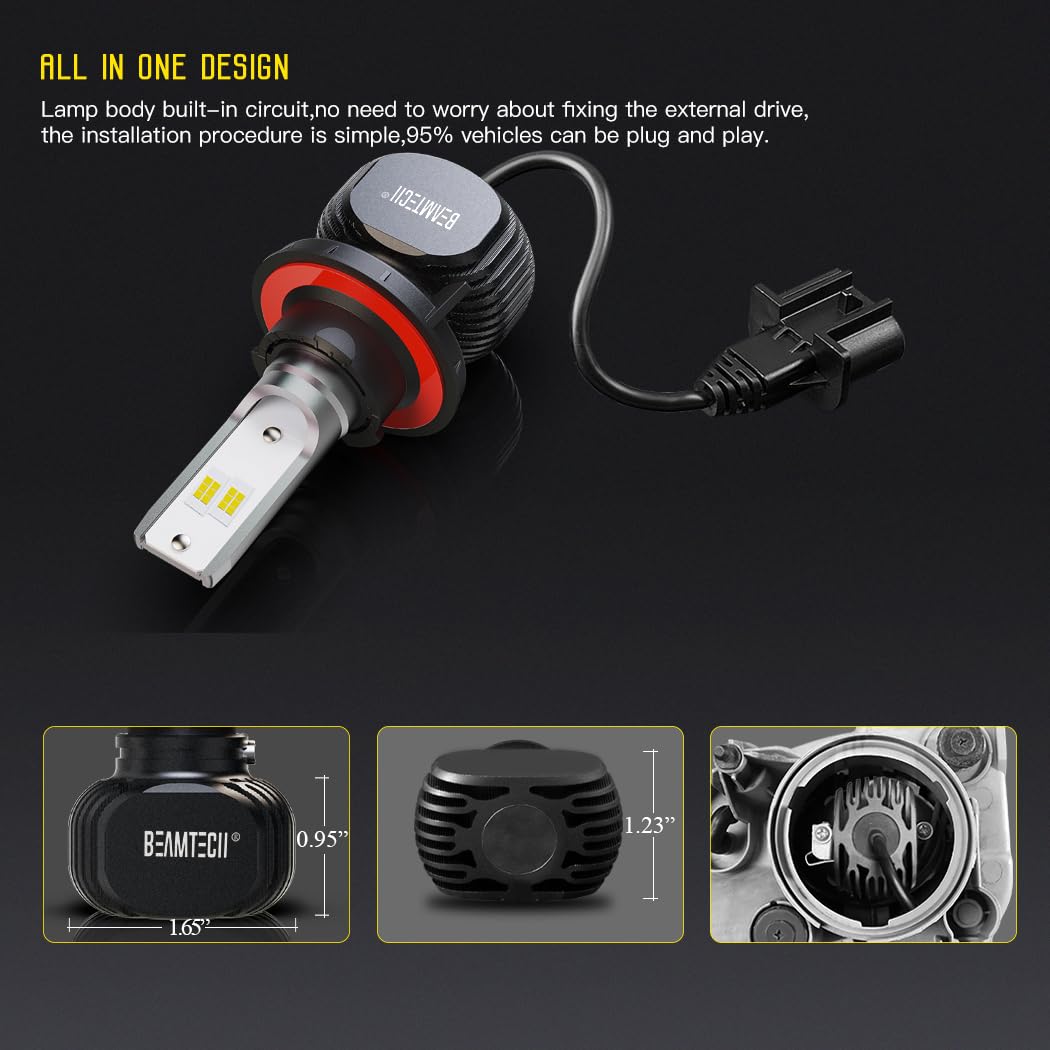 BEAMTECH H13/9008 Fanless LED Bulbs, 300% Brighter 6500K White Fog Light, Pack of 2, Aluminum, for Car & Powersports