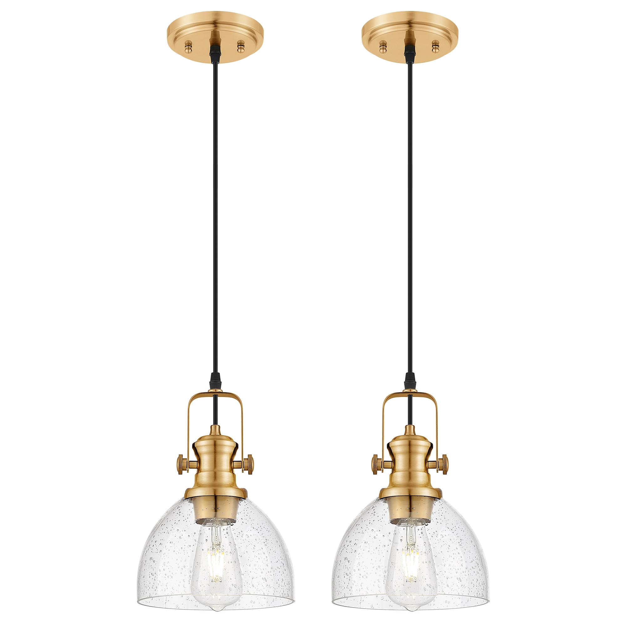 Audickic Pendant Lights Kitchen Island 2 Pack, 7.5" Farmhouse Pendant Lighting With Clear Seeded Glass Shade, Vintage Hanging Light Fixtures For Dining Room, Brushed Gold, Ad-22151-1P2-Gd