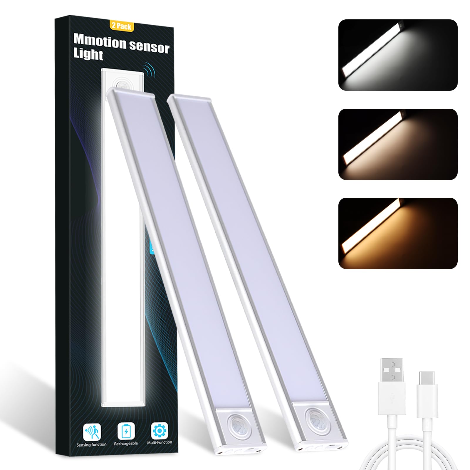 WEAOSJZ Under Cabinet Lights, 54 LED Rechargeable Motion Sensor Indoor 3 Color Temps, 2200mAh Dimmable Under Counter Makeup Ligh