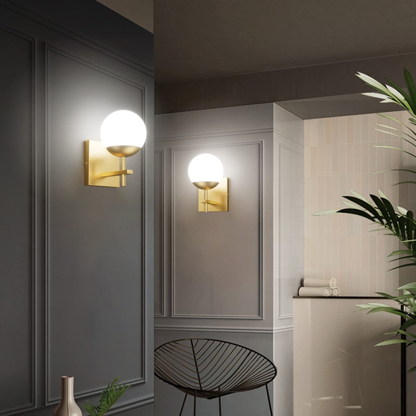 Ralbay Gold Wall Sconce - Mid Century Modern Indoor Light Fixture, 1 Light, Milky Glass For Bathroom, Kitchen, Living Room, Model 1100