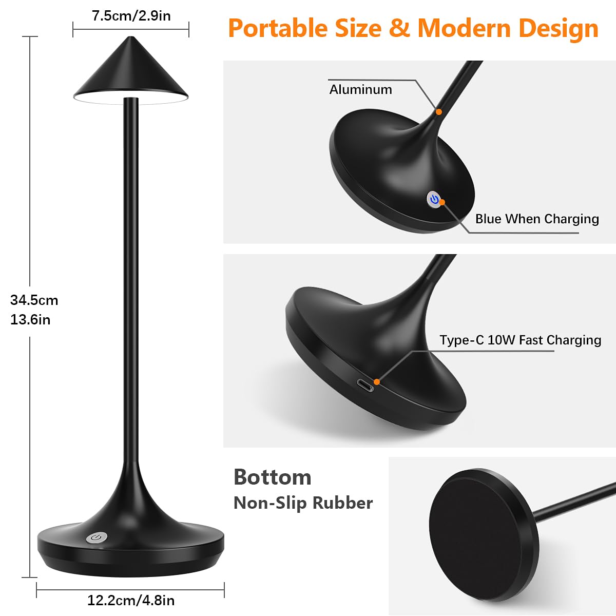 bravzurg Cordless LED Table Lamp, 6000mAh Rechargeable, Dimmable, Aluminum, Black, Model LS07B