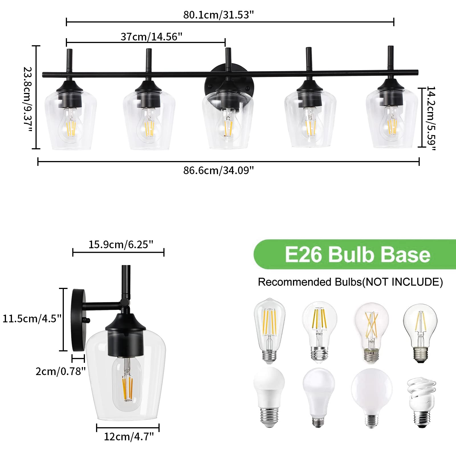 Foucasal 5-Light Black Bathroom Vanity Light Fixtures, Industrial Clear Glass Shade, Model ULB0046H-5HEI