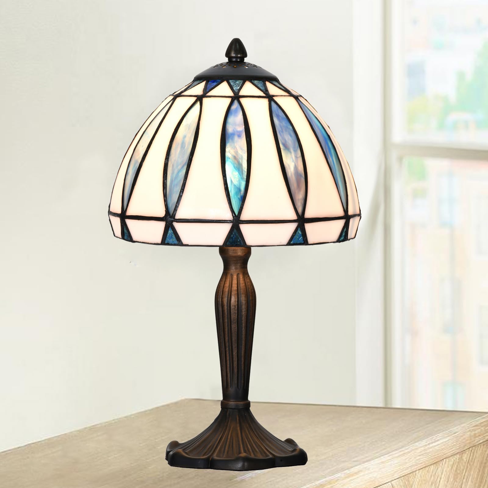 HomeBeauty TL0034 Tiffany Style Table Lamp with Stained Glass Shade  Vintage Bronze Base W 8 x OH 14.25  Great for Home Office Small Space  LED Bulb Included (Blue White)