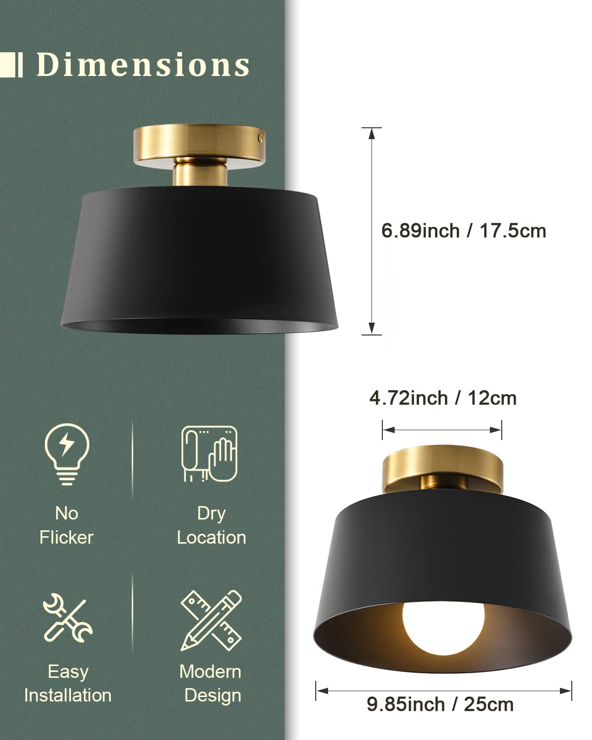 Lhlyclx 2 Pack Ceiling Light Fixture, Hallway Ceiling Light With Gold Plate And Matte Black Shade, Modern Simple Style Porch Lig
