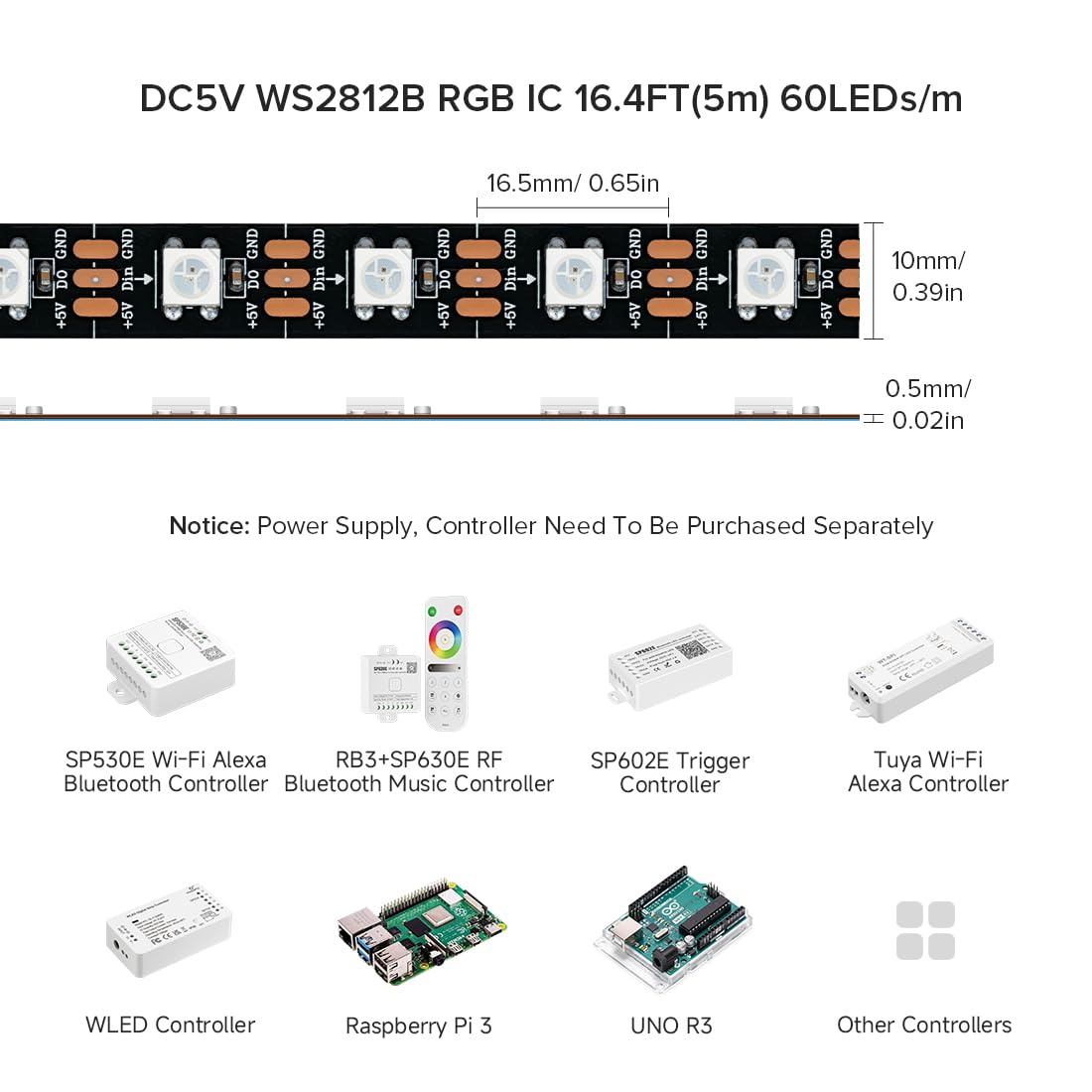 BTF-LIGHTING WS2812B LED Pixel Strip 16.4FT 300LED Black PCB IP30 Flexible FPCB Dream Color