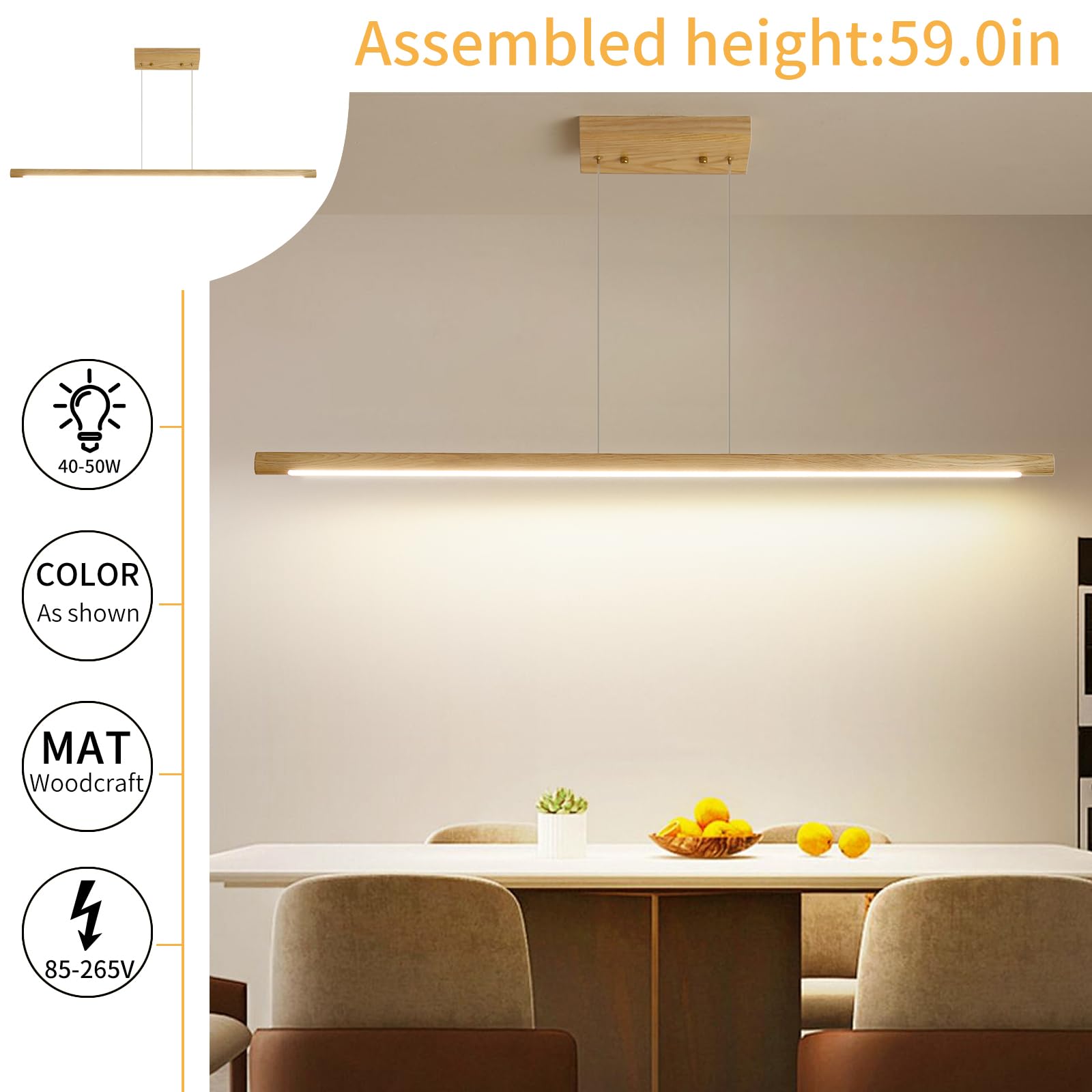 Modern Wooden Pendant Light  47In White Ash Wood Chandelier With Remote Control 3000K-6500K Adjustable Color Temperature Aluminum Island Lighting Lamp For Dining Room  Living Room B