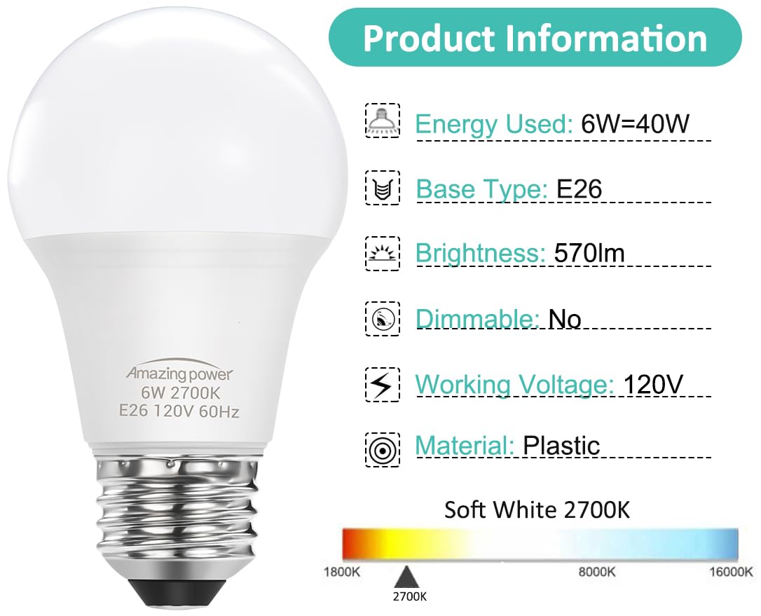 Amazing Power E26 Led Bulb, 40W Equivalent Medium Base Light Bulb, Non-Dimmable, Soft White 2700K, 6W E26 Led Light Bulbs For Ho