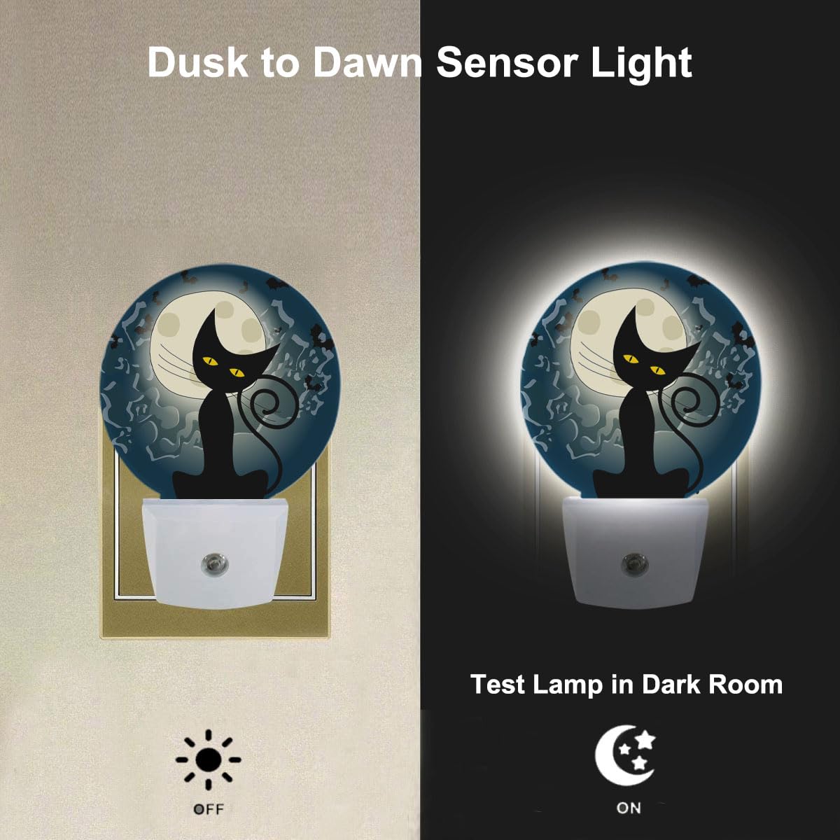 Uanvaha Plug In Fantasy Funny Cat Night Light Full Moon Bats Black Cat Fun Animal Night Lamp Auto On/Off Dusk To Dawn For Bedroo