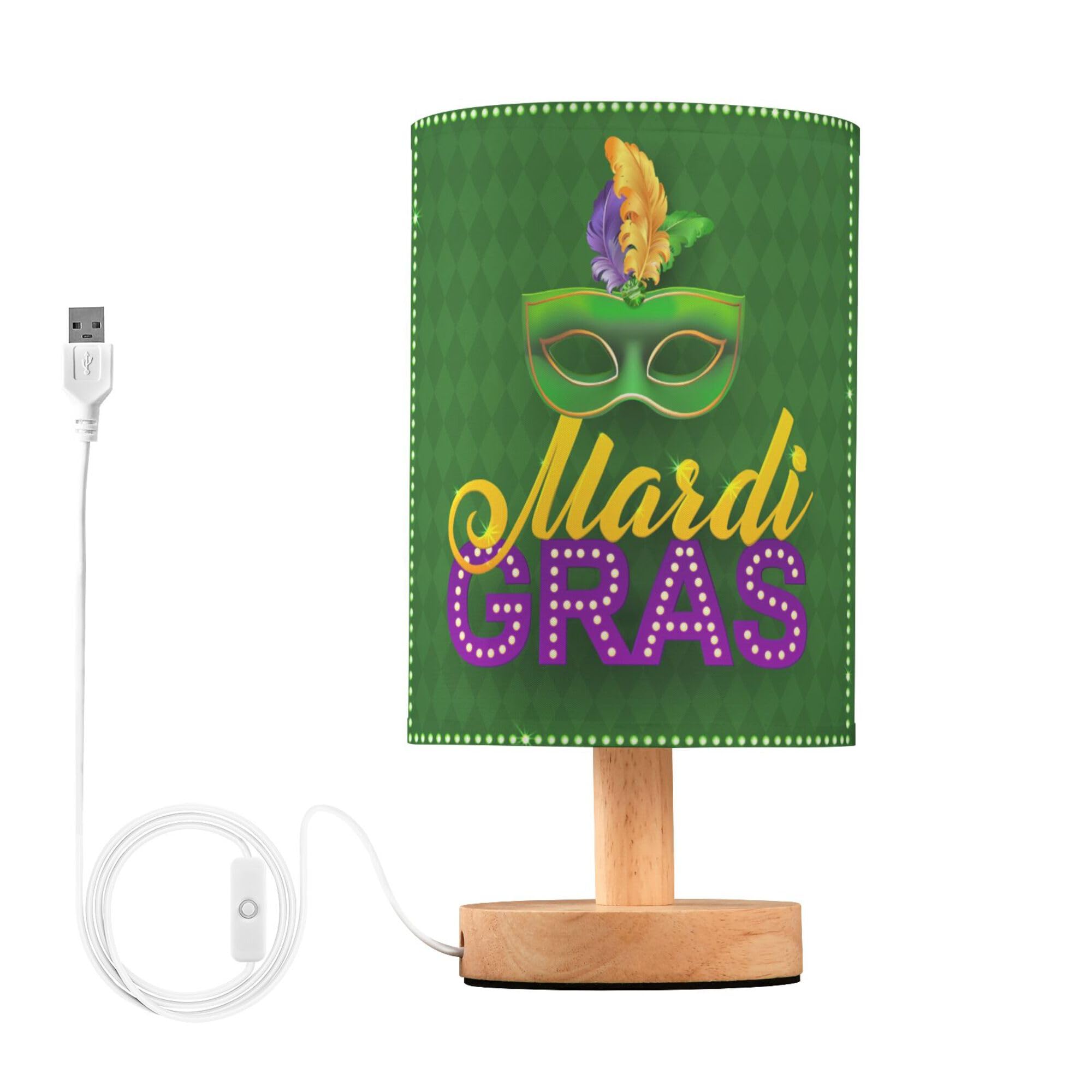 YYZZH Table Lamp Mardi Gras Party Feather Carnival on Green Diamond Geometric Nightstand Lamp with Wood Base Fabric Lamp Shade B