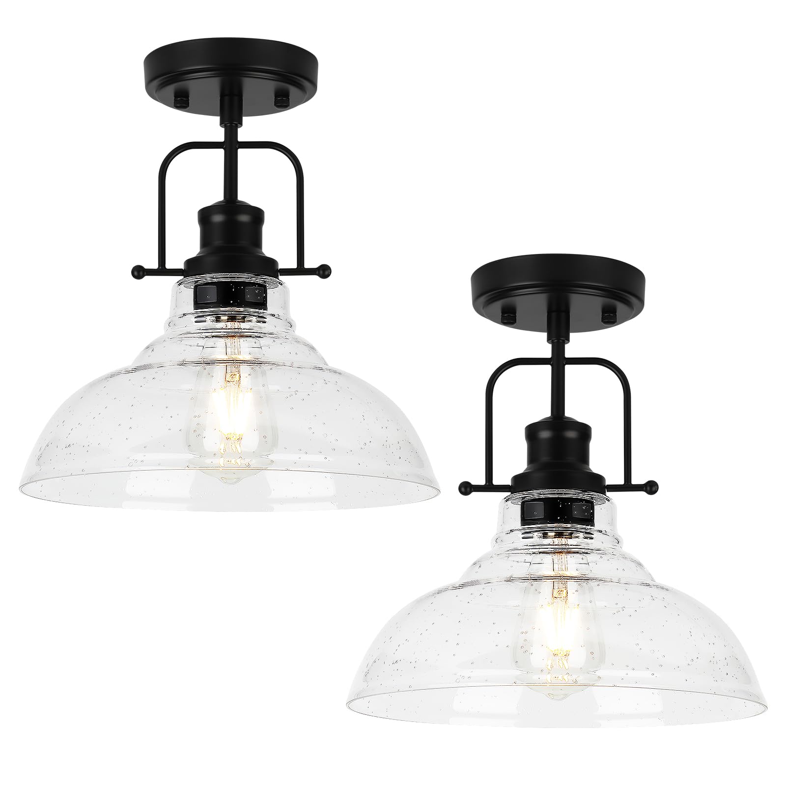 WILON 2 Pack 11'' Seeded Glass Ceiling Light Fixture Black Semi Flush Mount Ceiling Light Fixture Modern Farmhouse Lighting Fixt